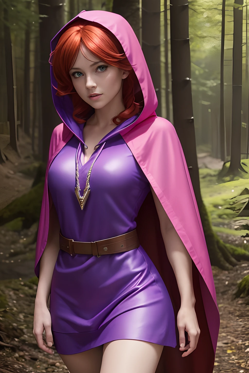 UHD 8K scene, hyper-real photo quality, beautiful young woman, red hair, bright blue eyes, short pink dress with thief outfit, purple hooded cape, character Sheila from Dungeons and Dragons, in the middle of a forest
