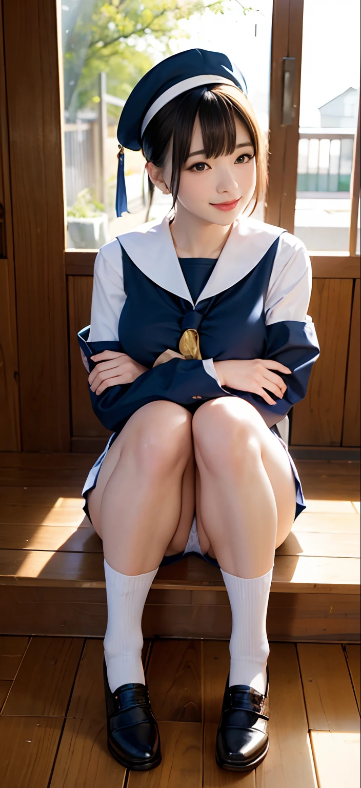 8K、top-quality、​masterpiece:1.2、Real 1.5、Realistic 1.5、Photorealsitic:1.3、18year old、girl with:1.5、Colossal tits:1.5、a sailor suit、校服、student clothes、a miniskirt、Panties visible from the skirt、cute little、A smile:1.2、sitting on、Opening legs、Open legs、Panty white、