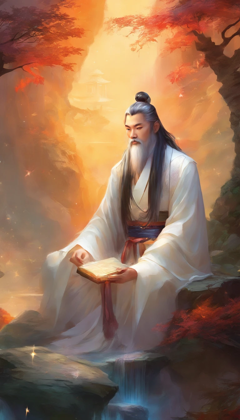 Close-up of a young Chinese Taoist leader sitting on a stone,long whitr hair,lbeard,Meditation cross-legged,Daoism, wearing gorgeous robes,magic aura,Taoist master,Taoist,at centre,staring right into camera,Very bright colors, Light particles, with light glowing, Mshiv, wallpaper art, UHD wallpaper