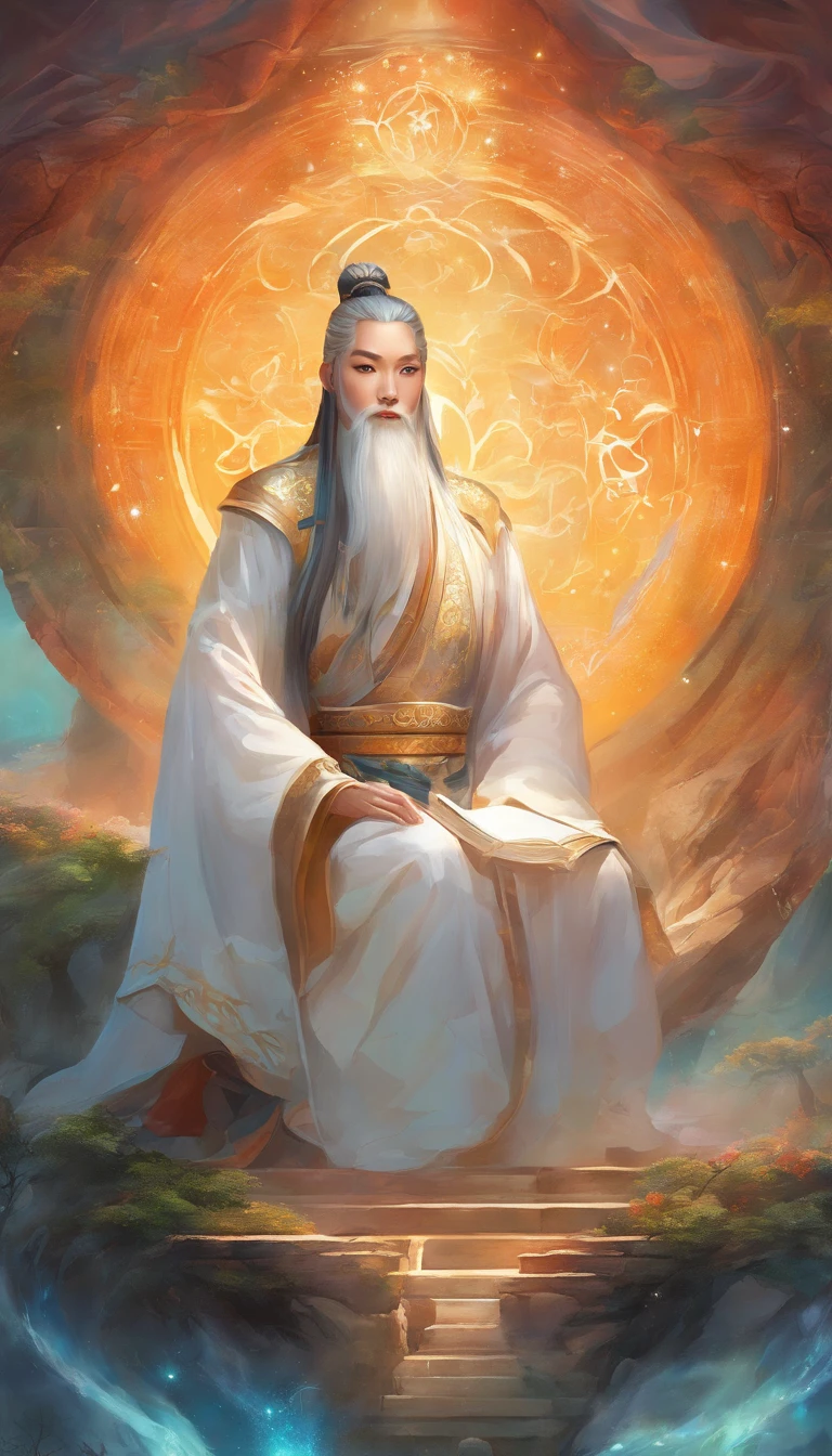 Close-up of a young Chinese Taoist leader sitting on a stone,long whitr hair，lbeard，Meditation cross-legged，Daoism, wearing gorgeous robes，magic aura，Taoist master,Taoist，at centre，staring right into camera，Very bright colors, Light particles, with light glowing, Mshiv, wallpaper art, UHD wallpaper