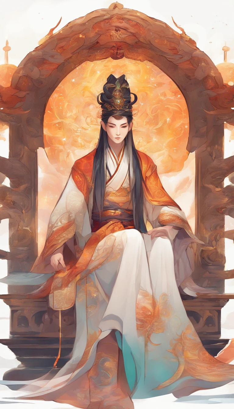 Close-up of a young Chinese Taoist leader sitting on a stone,long whitr hair，lbeard，Meditation cross-legged，Daoism, wearing gorgeous robes，magic aura，Taoist master,Taoist，at centre，staring right into camera，Very bright colors, Light particles, with light glowing, Mshiv, wallpaper art, UHD wallpaper