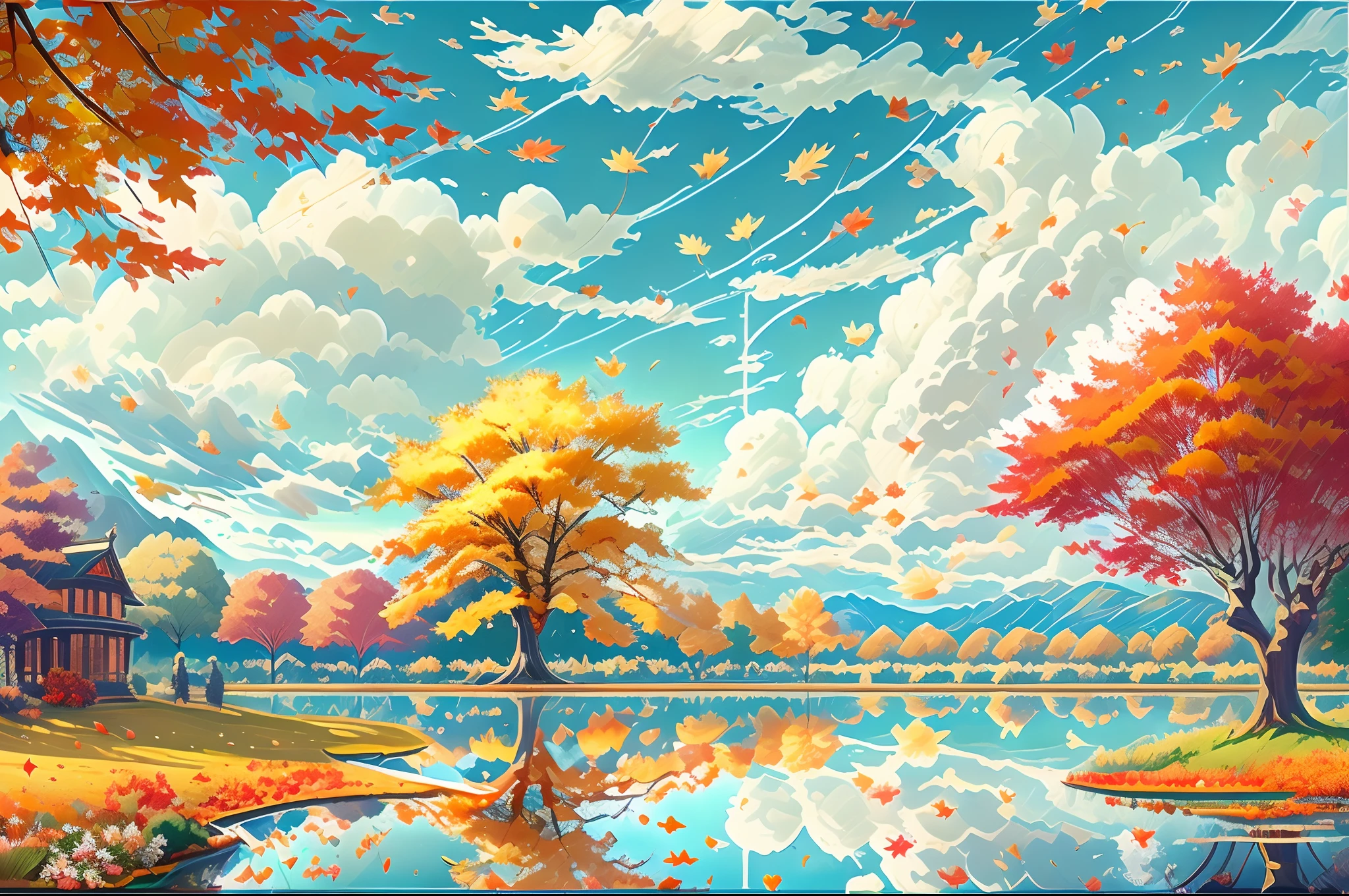 (Best quality), (masterpiece:1.3), Fantastic Magic World, autumn clouds, scattered clouds, Scenic center, clear cloud sky, water reflections, Yellow ginkgo, orange maple and red maple, Higanbana, windflower