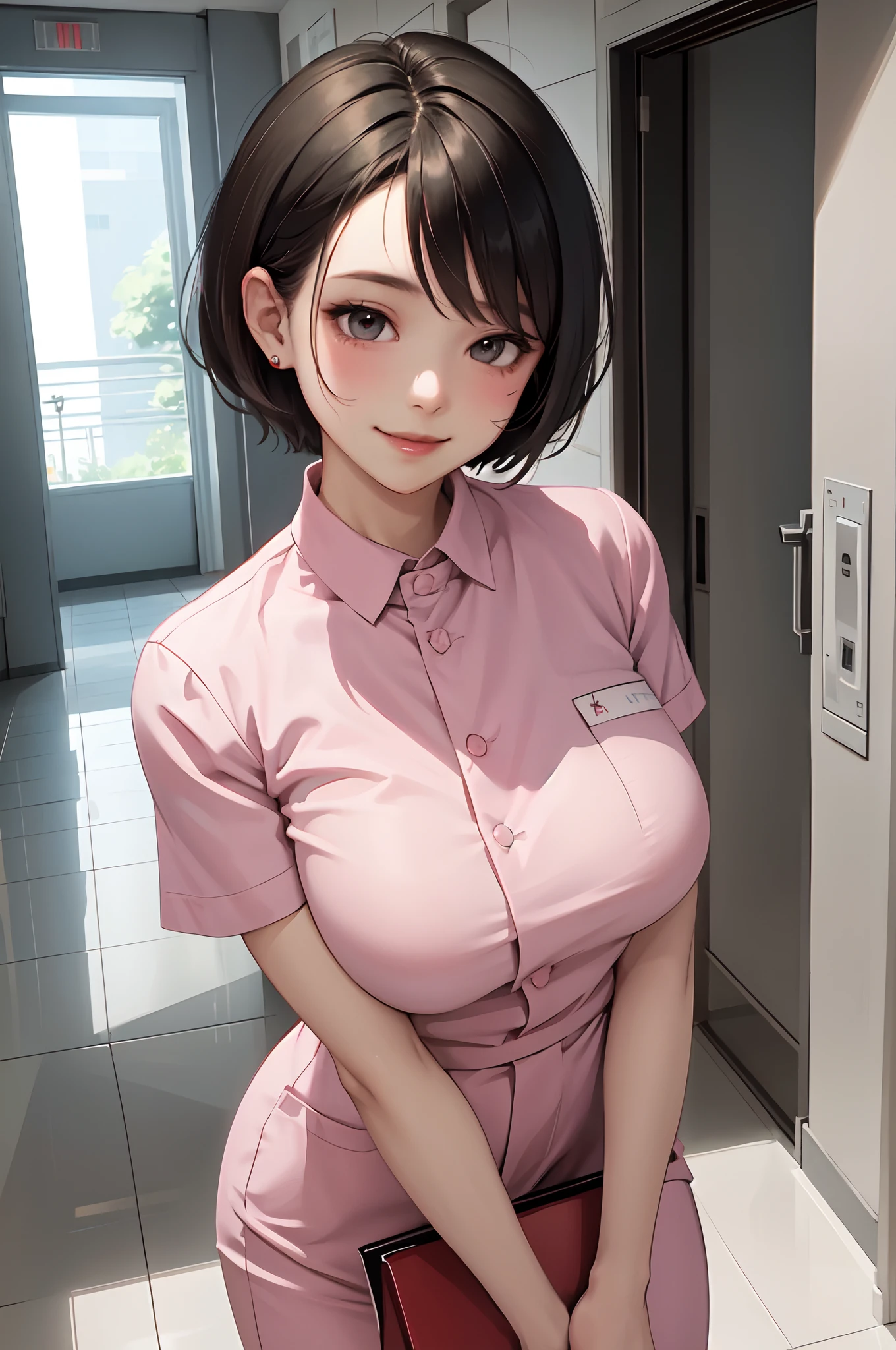 1lady solo nurse, /(nurse uniform/), /(short hair/), blush kind smile, (masterpiece best quality:1.3) delicate illustration ultra-detailed , large breasts BREAK /(hospital hallway/)