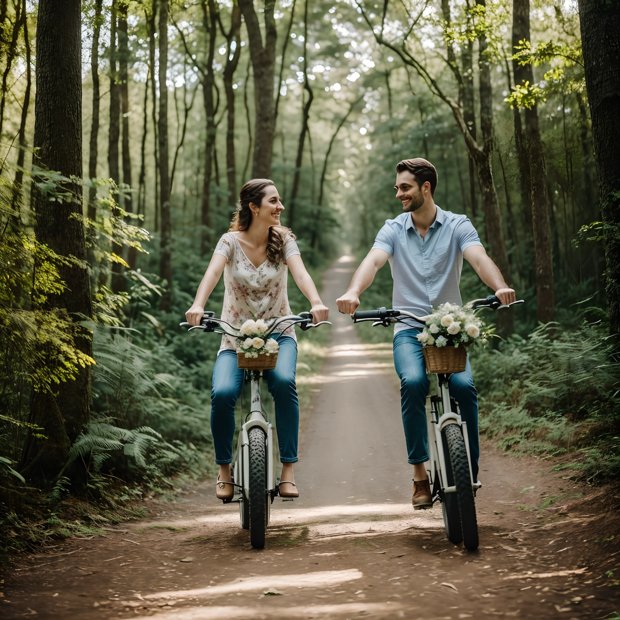 Um casal seguindo pedalando  bicicleta em lindo bosque com muitas plantas, flores e verde, cada um na sua bicicleta, ambos felizes e apaixonados, best quality,master part,Ultra high resolution,(Realismo:1.4),foto original,Cinematic lighting,
sorrir,