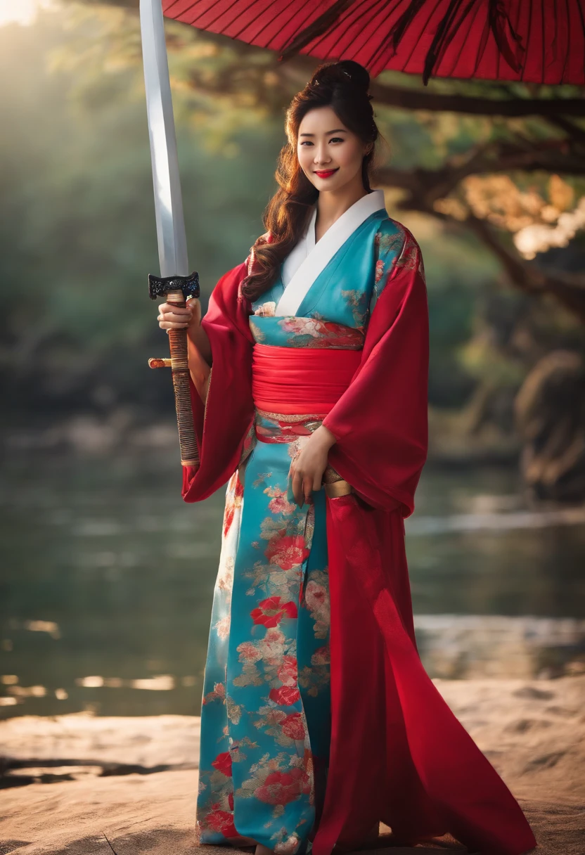 A female breaker in a kimono holding a huge sword as tall as tall、a smile、Beautuful Women