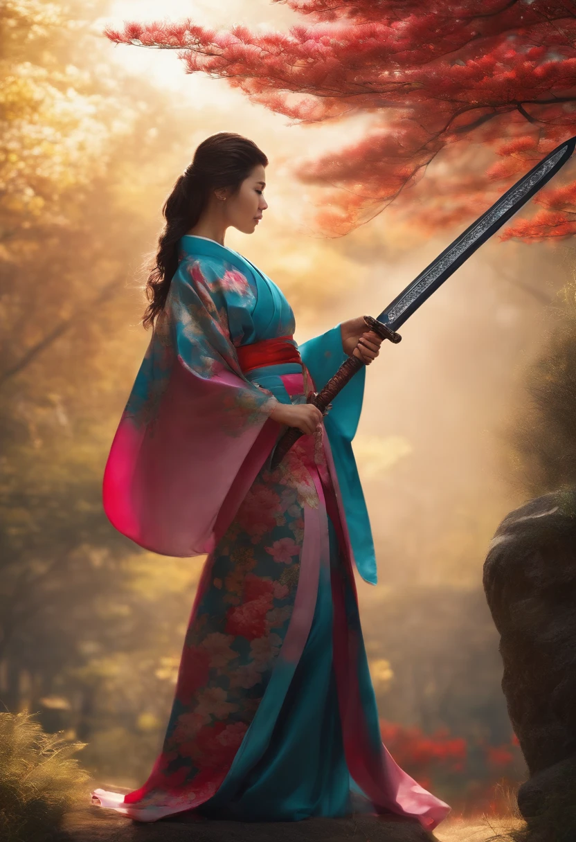 A female breaker in a kimono holding a huge sword as tall as tall、a smile、Beautuful Women