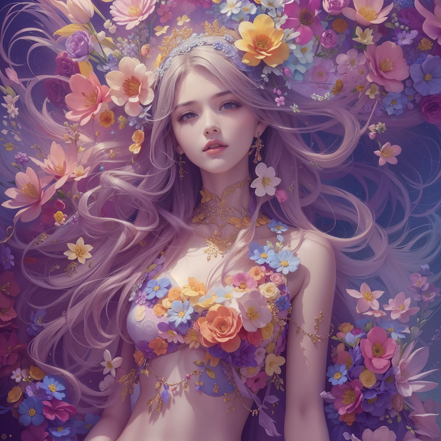 ((1girl in)), (masterpiece, top-quality, top-quality, Official art, Beautifully Aesthetic: 1.2), (1 Flower), The upper part of the body, ighly detailed, (Fractal Art: 1.3), colourfull, best detailed