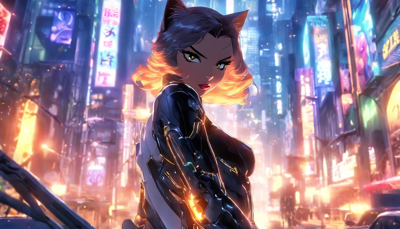 ((Best quality)), ((tmasterpiece)), ((realisticlying)), (A detailed), (Fotor is realistic:1.5), Futuristic Catwoman, (white business suit), Lights in armor, Network cap, looking at viewert, dynamicposes, postapocalyptic, Destroyed city funds, burning building, scientific fiction, hdr, Ray traching, NVIDIA RTX, Hyper-Resolution, Unreal 5, Subsoil scattering,