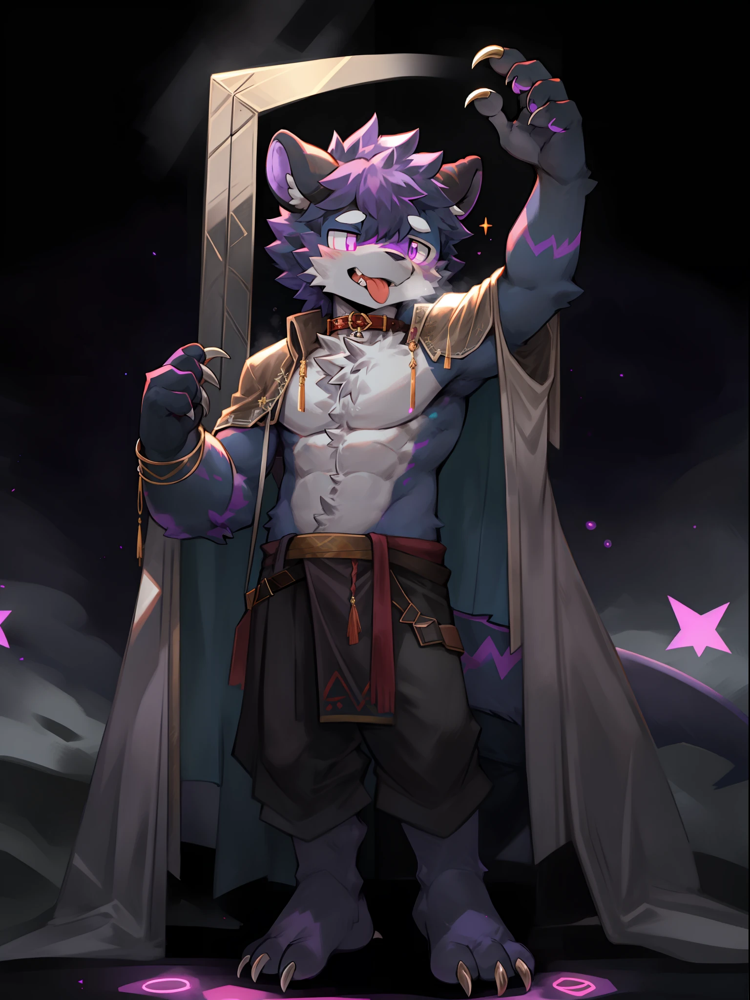 One guy,独奏,Full body like,shaggy male,hairy bodies,Correct anatomy,Detailed double eyes,glowing light eyes,Wearing a naked,Black loincloth,A cloak is wrapped around the belt,cabelos preto e longos,drak,shoun(thin tall body type),male people,There are small horns on the head,black-skinned,,red striped,Purple eye,Evil God,glowing light eyes,Sharp claws,with light glowing,Star eyes,Cute meat pad,Collar,adolable,Handsome,Evil charm,haughty,Large dragon tail,The whole body is like from head to toe,The Void,purple palace,Standing brainwashing,tongue stickout,The liquid runs down the lower gear,Have love for me,Character subjects