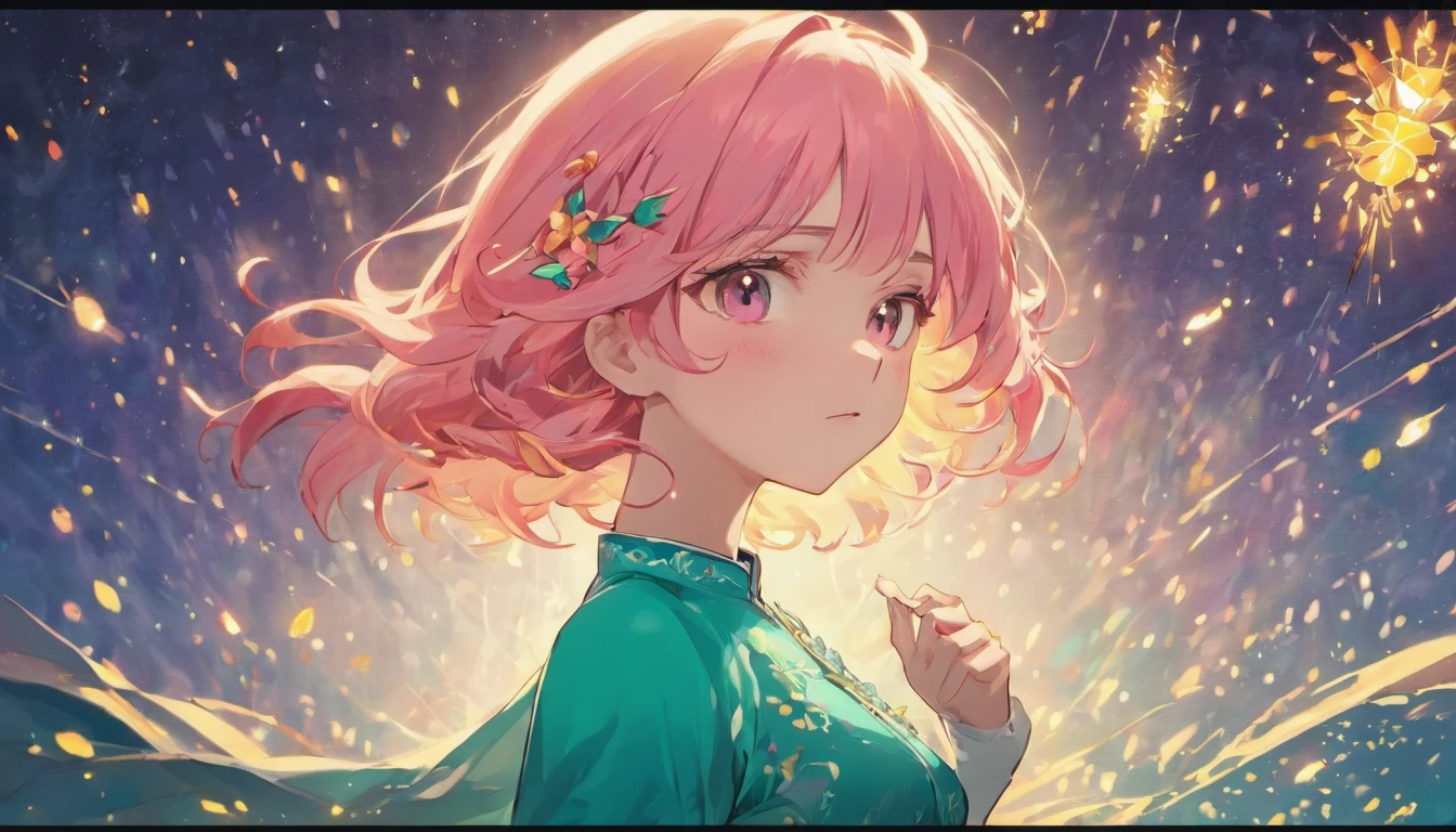 (Best quality,8K resolution,Masterpiece:1.2),A woman with pink hair in a turquoise cheongsam dress, voluptuous figure, surrounded by fireflies, Set against the starry night sky and lakeside, Sharp lines, Enhanced detail, Detailed facial features, Front view