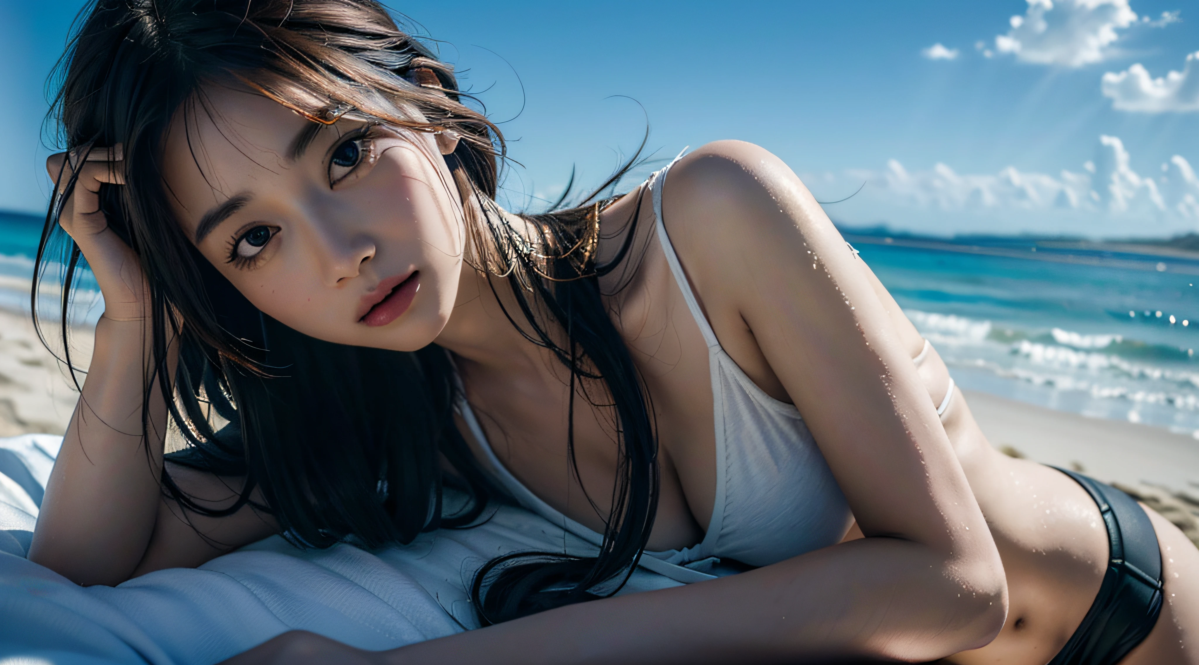 (RAW photo, best quality), (realistic, photo-realistic:1.3),best quality,highly detailed,masterpiece,ultra-detailed,illustration,1girl,upper_body,dynamic angle,world masterpiece beach,messy_long_hair,best quality, hot_sexy, extremely detailed CG unity 8k wallpaper,ink,Amazing,cinematic,lens, dunhuang_style