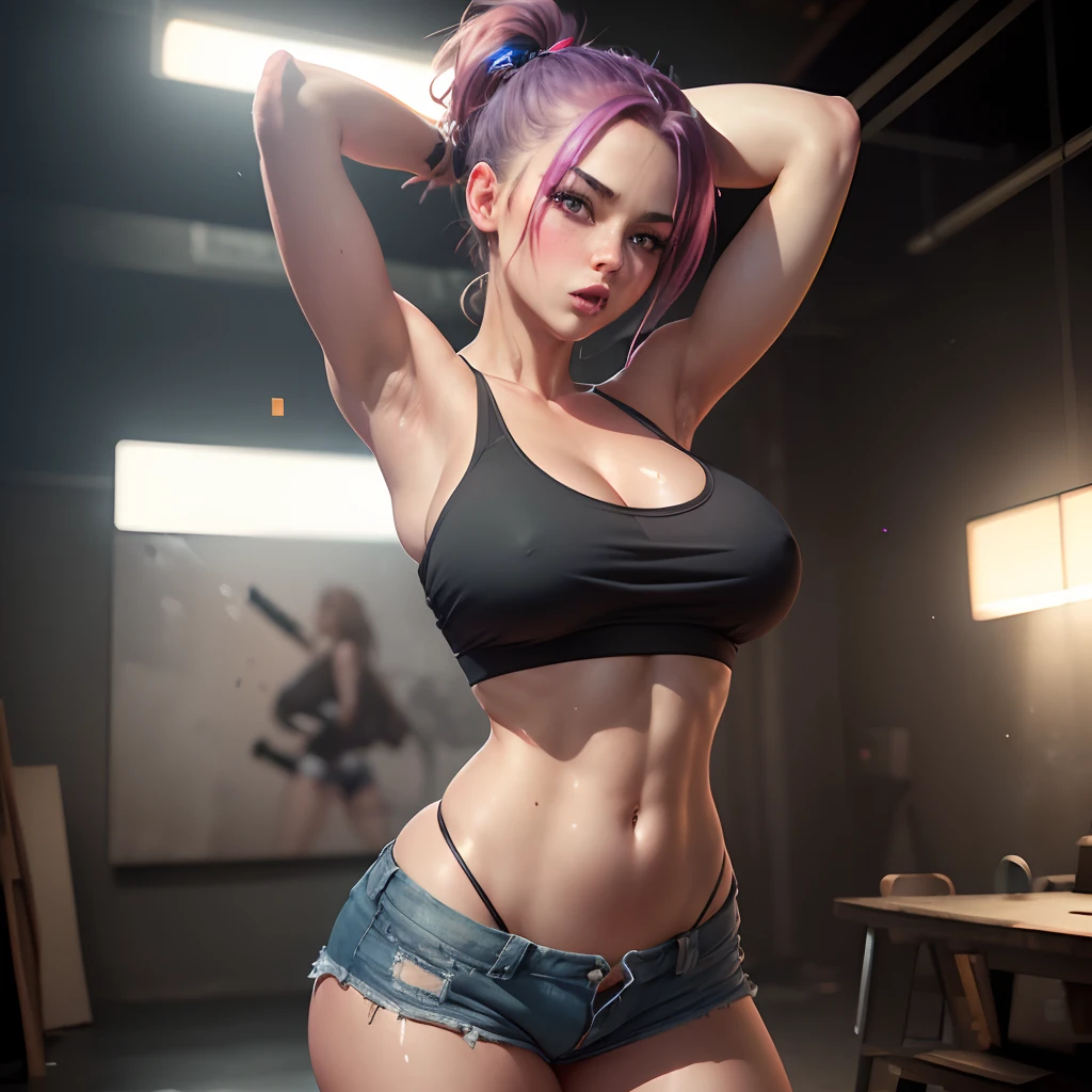 (aesthetic,art:1.2),Tank tops,hotpants,Yankee,huge tit (best quality,4k,8k,highres,masterpiece:1.2),beauty legs,(realistic,photorealistic,photo-realistic:1.37),Short ponytail,sidelong glance,Sticking out the tongue,eyeballs are rolling up,semen overflowing,energetic, vibrant colors, studio lighting, urban backdrop