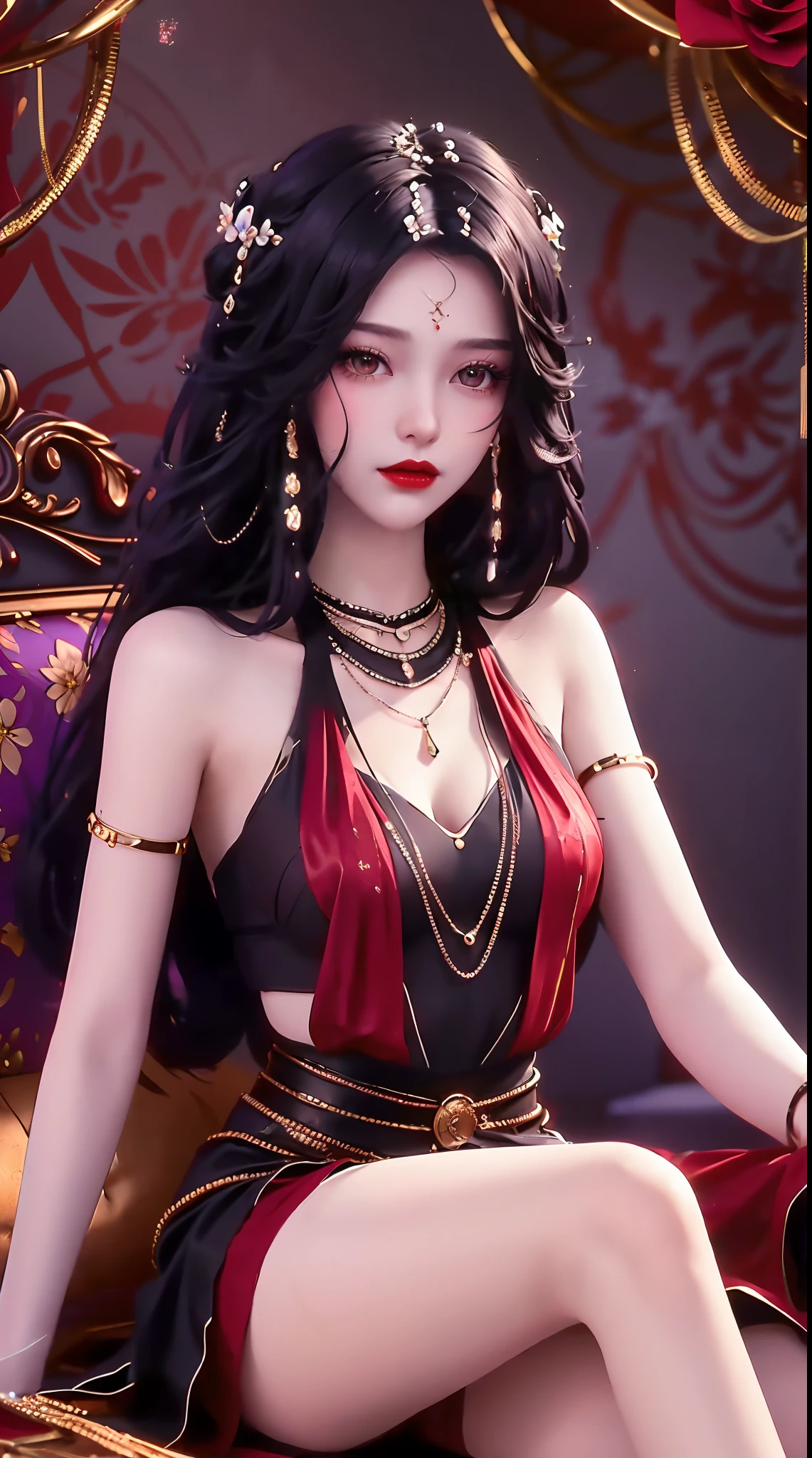 1 beautiful and sexy 20 year old girl, ((wearing a super thin red dress:1.6)), dress with diamonds, ((long purple-black hair:1.6)), bangs, elaborate jewelry made from stones noble and beautiful hair, ((wearing a black lace necklace:1.4))), noble, noble style of an extremely beautiful girl, super cute little face, very pretty face, fur thin eyebrows, flawless beautiful face, ((black eye pupils: 0.8)), very beautiful eyes, ((black eyes: 1.6)), beautiful makeup and detailed hairdo, eyelashes, eye makeup wet, high nose, earrings, red lips, ((closed mouth: 1;5 )) beautiful lips, slim arms, most beautiful thighs, ((arms spread to the sides: 1.5) ), rosy face, clean face, beautiful flawless face, smooth white skin, (big breasts: 1.5)), ((high breasts: 1.6) ), firm breasts, nice cleavage, (((big and super round breasts: 1.8))), ((super firm breasts: 1.7)) , beautiful breasts, perfect body, (((sitting position, leaning back and leaning back with hands :1.5))), ((chest puffed out : 1.5)), don't be shy, 8k photos, super high quality, super realistic, super 10x pixels, optical, bright studio, bright edges, two-tone lighting, (high detail skin:1.2), super 8k , soft light, high quality, volumetric light, optical, optical high resolution, light, best photo, 4k, 8k quality, blur effect, smooth sharpness, 10 x pixel , ((red flowers background:1.5)), aurora, lightning, super realistic graphics, most realistic graphics, alone, solo, Extremely sharp, surreal images, (((frontal portrait : 1.6)))."