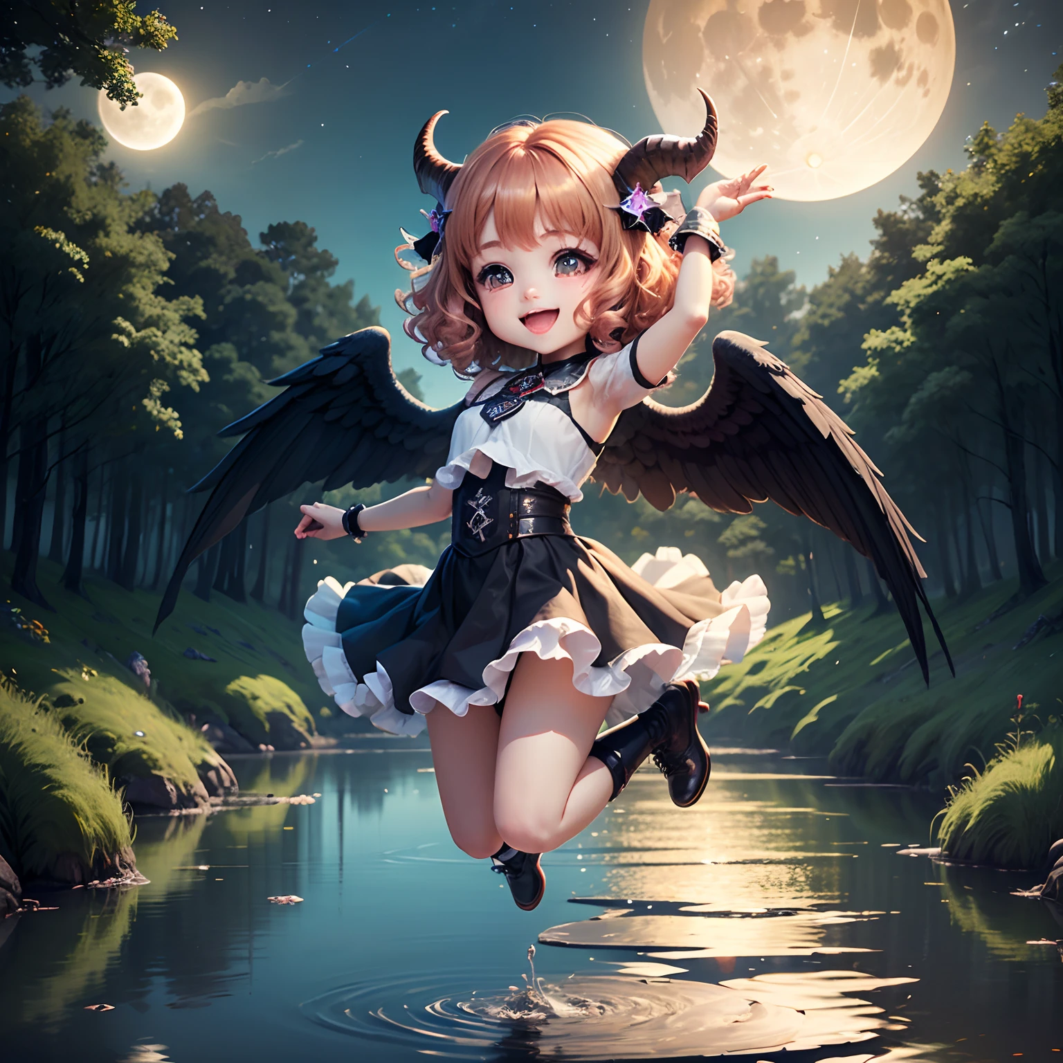 masterpiece、top-quality、ultra-detailliert、(Daughter of a fallen angel:1.2)、(Chibi Chara:1.3)、wraith、Curly hair、Horns、Open your mouth and smile、lake in the middle of a forest、Jumping、Evening glow、fullmoon、