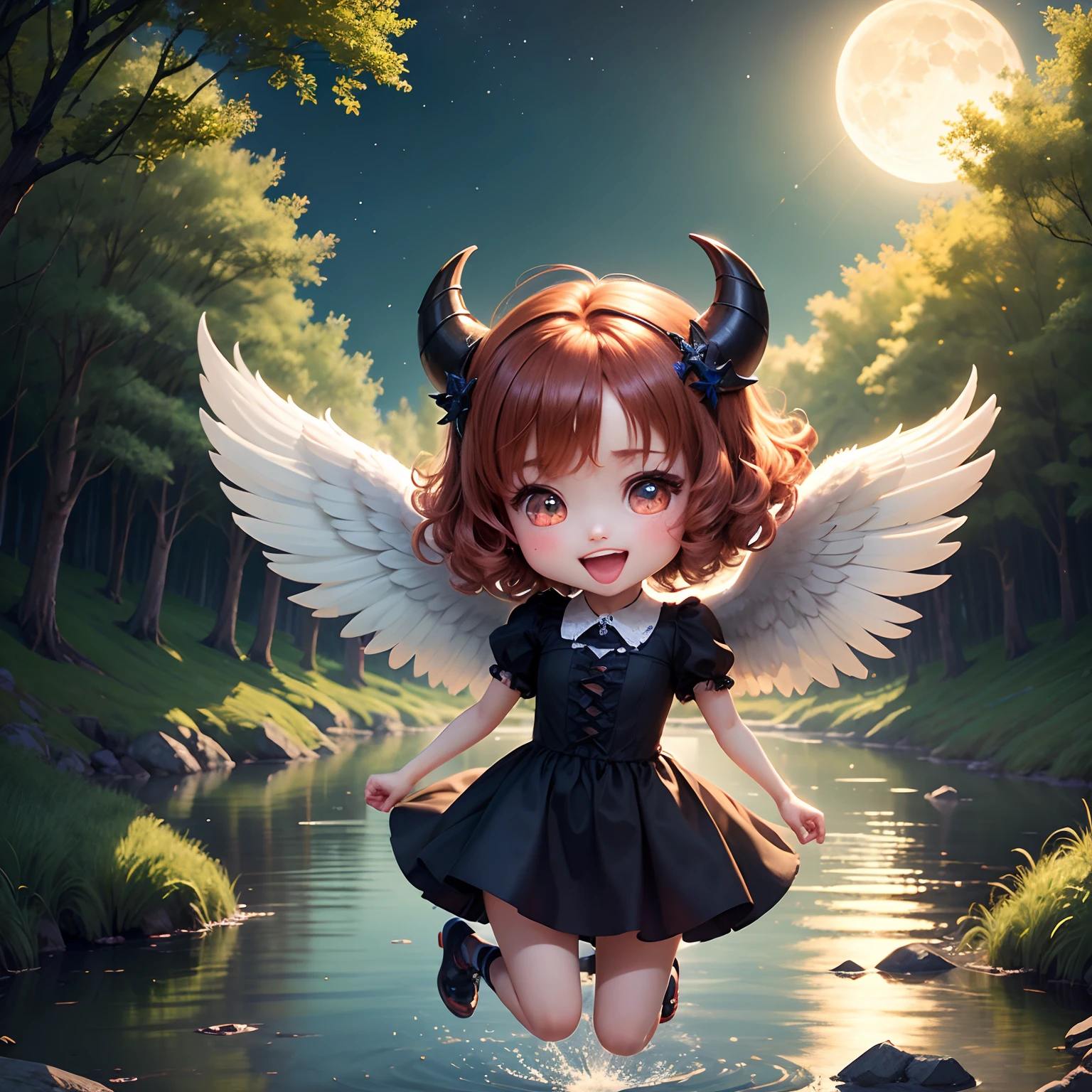 masterpiece、top-quality、ultra-detailliert、(Daughter of a fallen angel:1.2)、(Chibi Chara:1.3)、wraith、Curly hair、Horns、Open your mouth and smile、lake in the middle of a forest、Jumping、Evening glow、fullmoon、