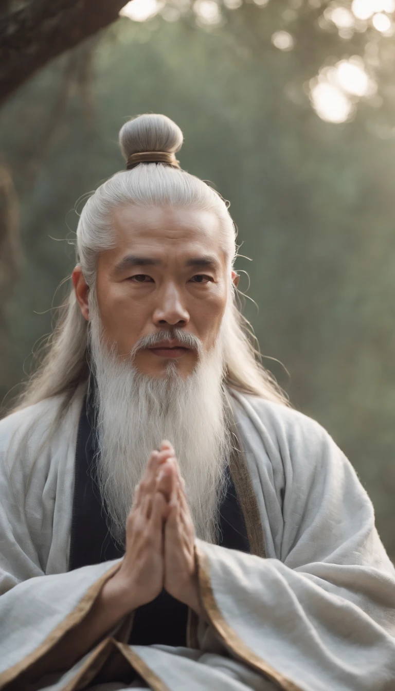 Close-up of a young Chinese Taoist leader sitting on a stone,long whitr hair，lbeard，Meditation cross-legged，Daoism, wearing gorgeous robes，magic aura，Taoist master,Taoist，at centre，staring right into camera，Very bright colors, Light particles, with light glowing, Mshiv, wallpaper art, UHD wallpaper