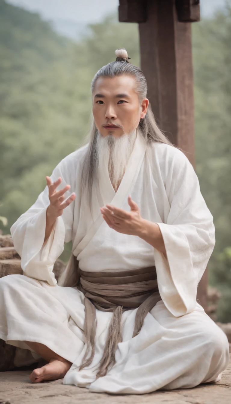 Close-up of a young Chinese Taoist leader sitting on a stone,long whitr hair,lbeard,Meditation cross-legged,Daoism, wearing gorgeous robes,magic aura,Taoist master,Taoist,at centre,staring right into camera,Very bright colors, Light particles, with light glowing, Mshiv, wallpaper art, UHD wallpaper