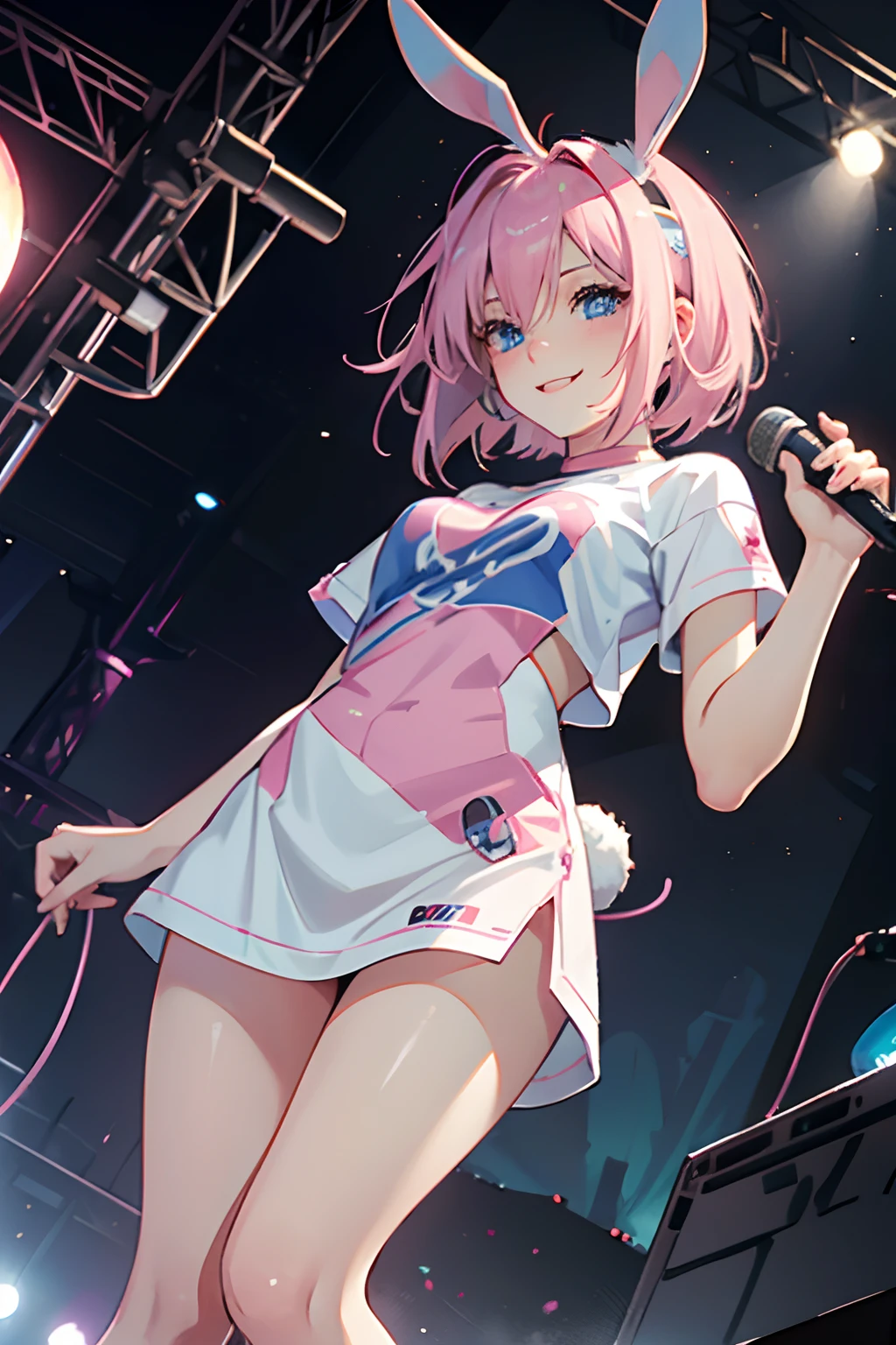 (Girl around 20 years old), solo, (pink bob hair), blue eyes, rabbit ears, (looking down:1.5), naughty smile, t-shirts, (sing with a microphone)