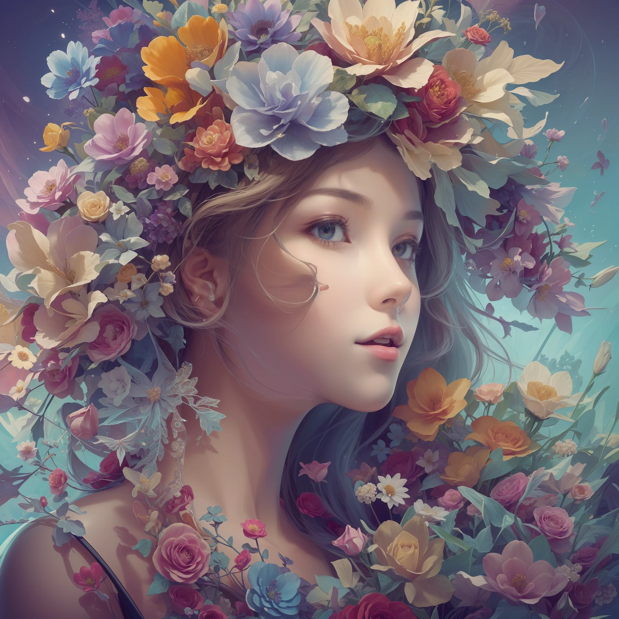 ((1girl in)), (​masterpiece, top-quality, top-quality, Official art, Beautifully Aesthetic: 1.2), (1 Flower), The upper part of the body, ighly detailed, (Fractal Art: 1.3), colourfull, best detailed