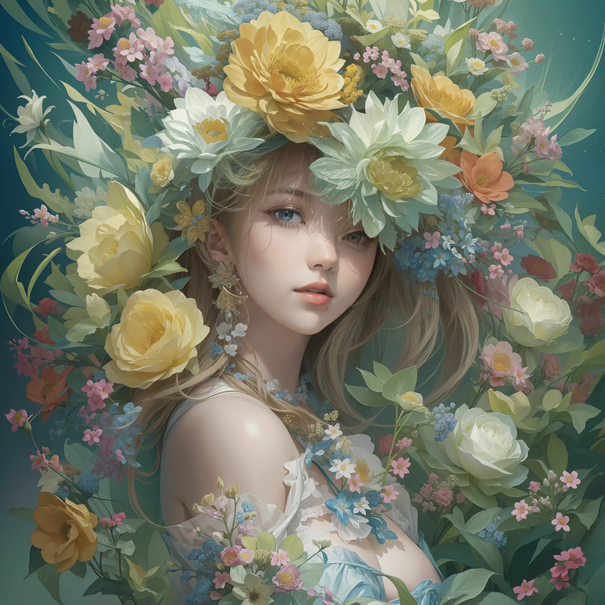 ((1girl in)), (masterpiece, top-quality, top-quality, Official art, Beautifully Aesthetic: 1.2), (1 Flower), The upper part of the body, ighly detailed, (Fractal Art: 1.3), colourfull, best detailed