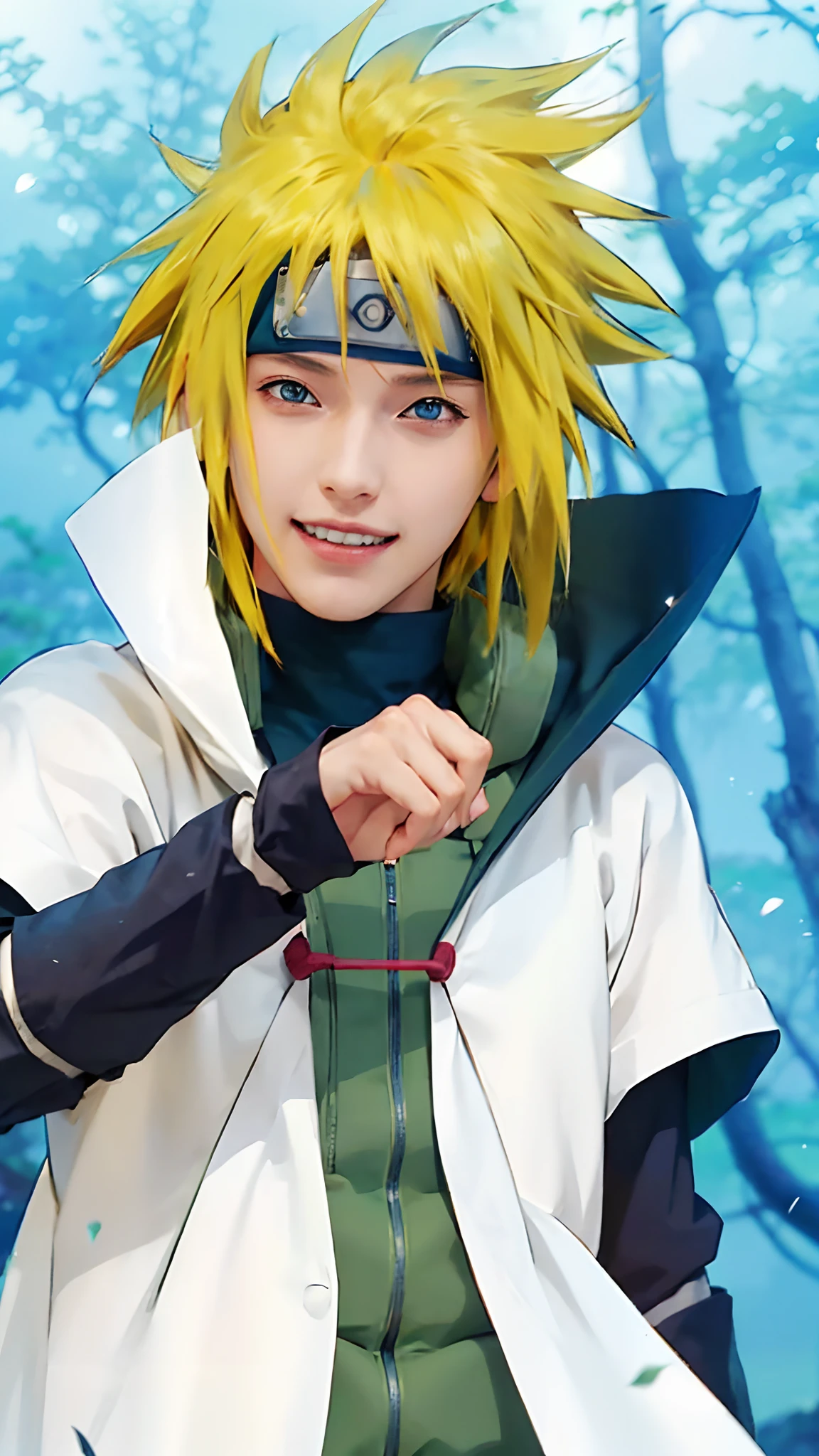 1male, namikaze in anime naruto shippuden, short hair , yellow hair, blue eyes, handsome, smile, white clothes, realistic clothes, detail clothes, city background, ultra detail, realistic