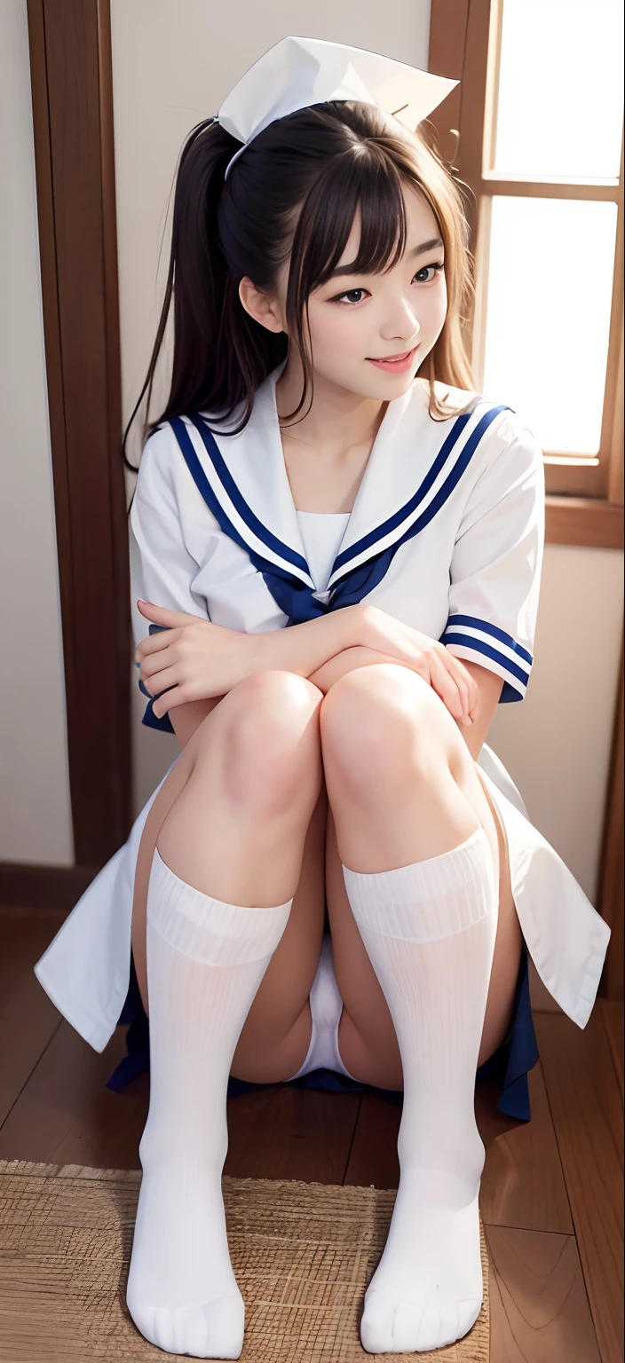 8K、top-quality、masterpiece:1.2、Real 1.5、Realistic 1.5、Photorealsitic:1.3、18year old、girl with:1.5、Colossal tits:1.5、a sailor suit、校服、student clothes、a miniskirt、Panties visible from the skirt、cute little、A smile:1.2、sitting on、Opening legs、Open legs、Panty white、