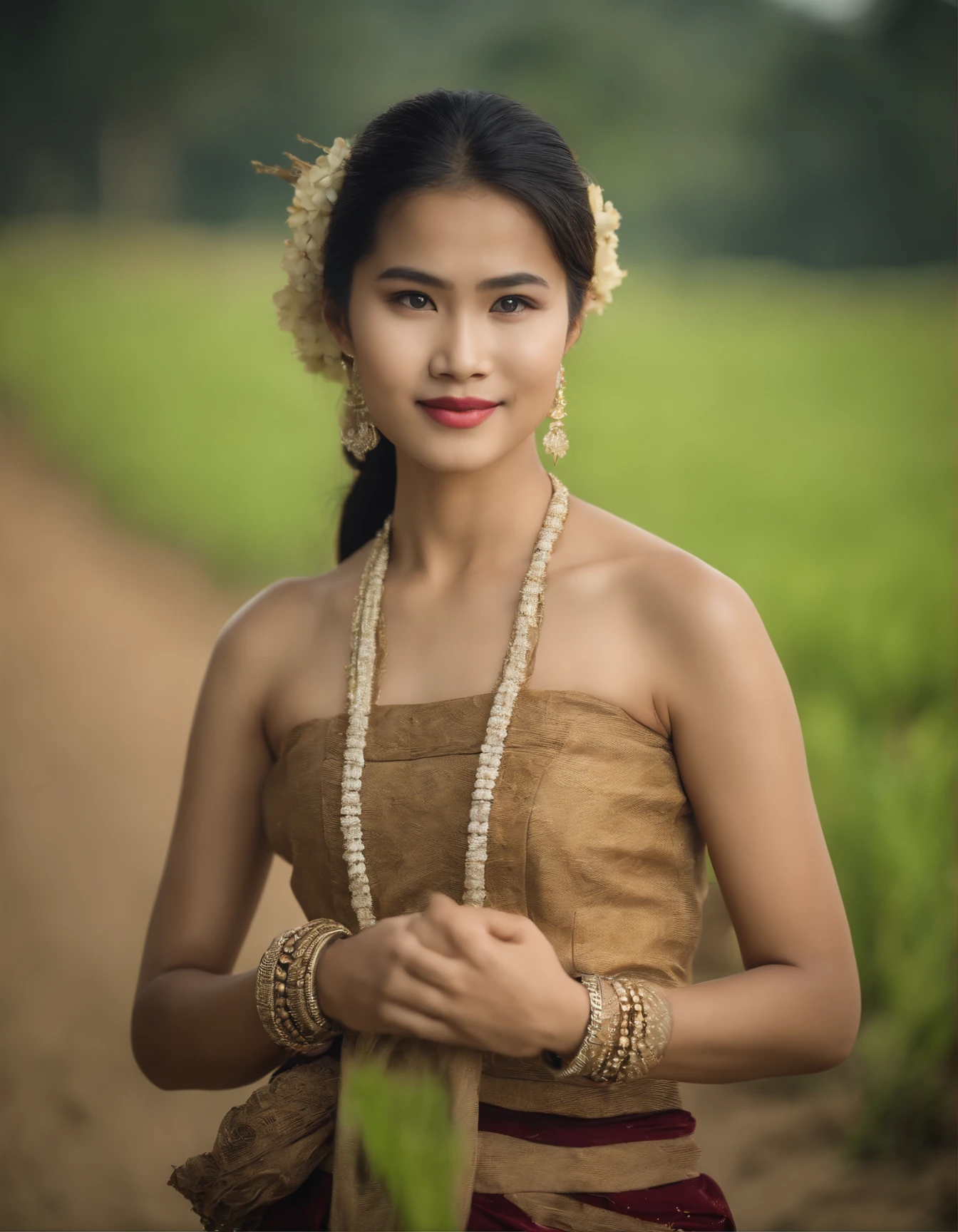 20-year-old woman, farmer, The face is as beautiful as a goddess., thailand, Traditional Thai folk costumes, Smooth white skin