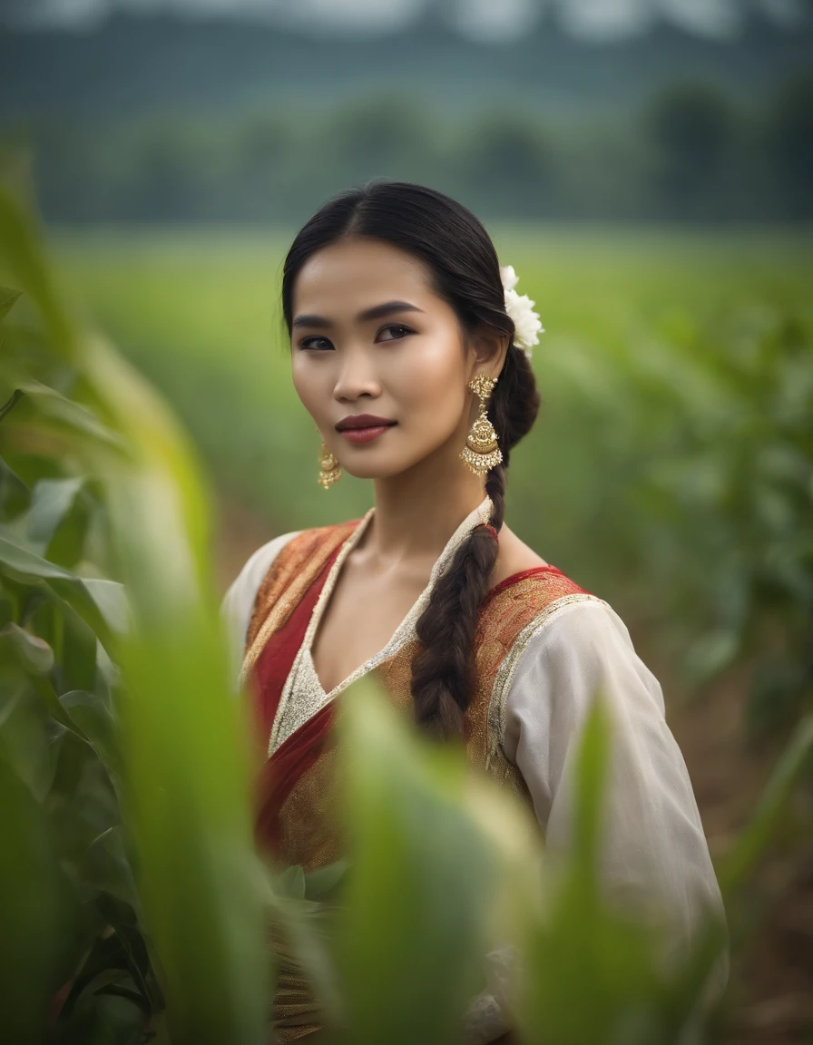 20-year-old woman, farmer, The face is as beautiful as a goddess., thailand, Traditional Thai folk costumes, Smooth white skin