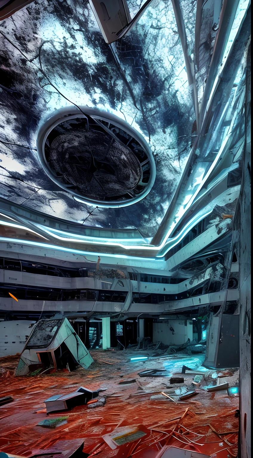 Futuristic high-tech alien noise abandoned in ruins, autumnal, Sound art,,noise, abstract artistic, Tearing the future apart, Post-world ruins of industrial machines,
