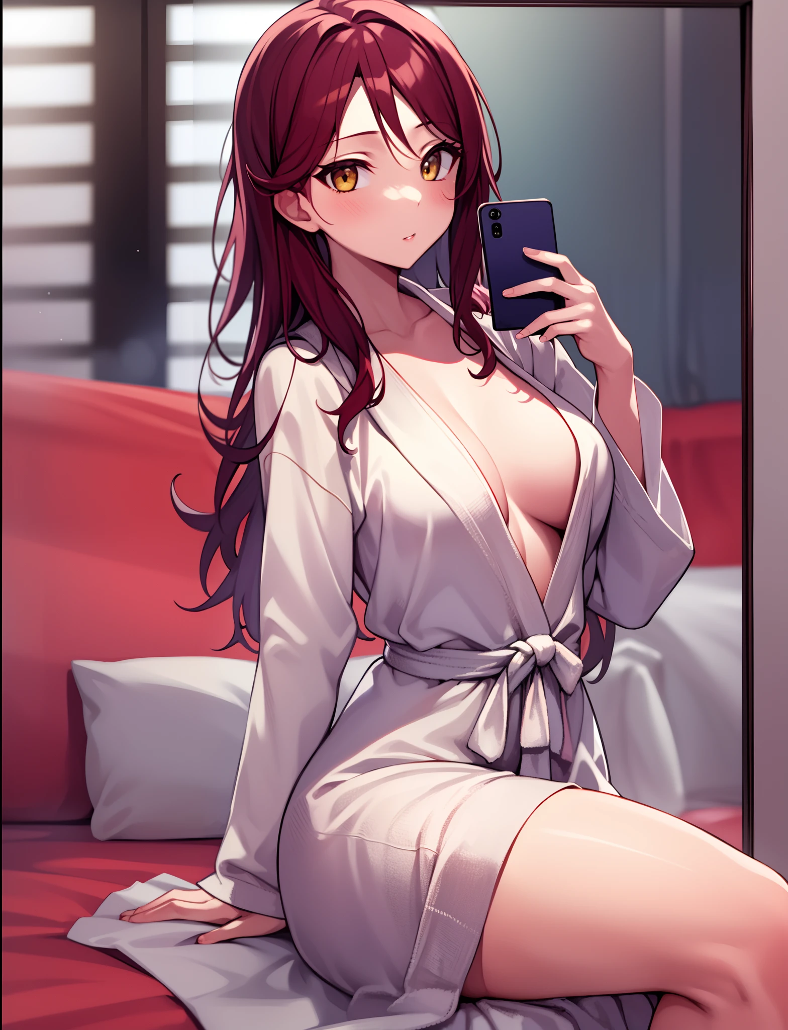 masterpiece, best quality, highres, sitting, sakurachi riko, in bedroom, areola slip, cencored by soab, looking at viewer, sexy, sexy pose, sexual arousal, solo focus, dynamic angel,naked bathrobe,selfie
mirror ,holding phone ,convenient censoring