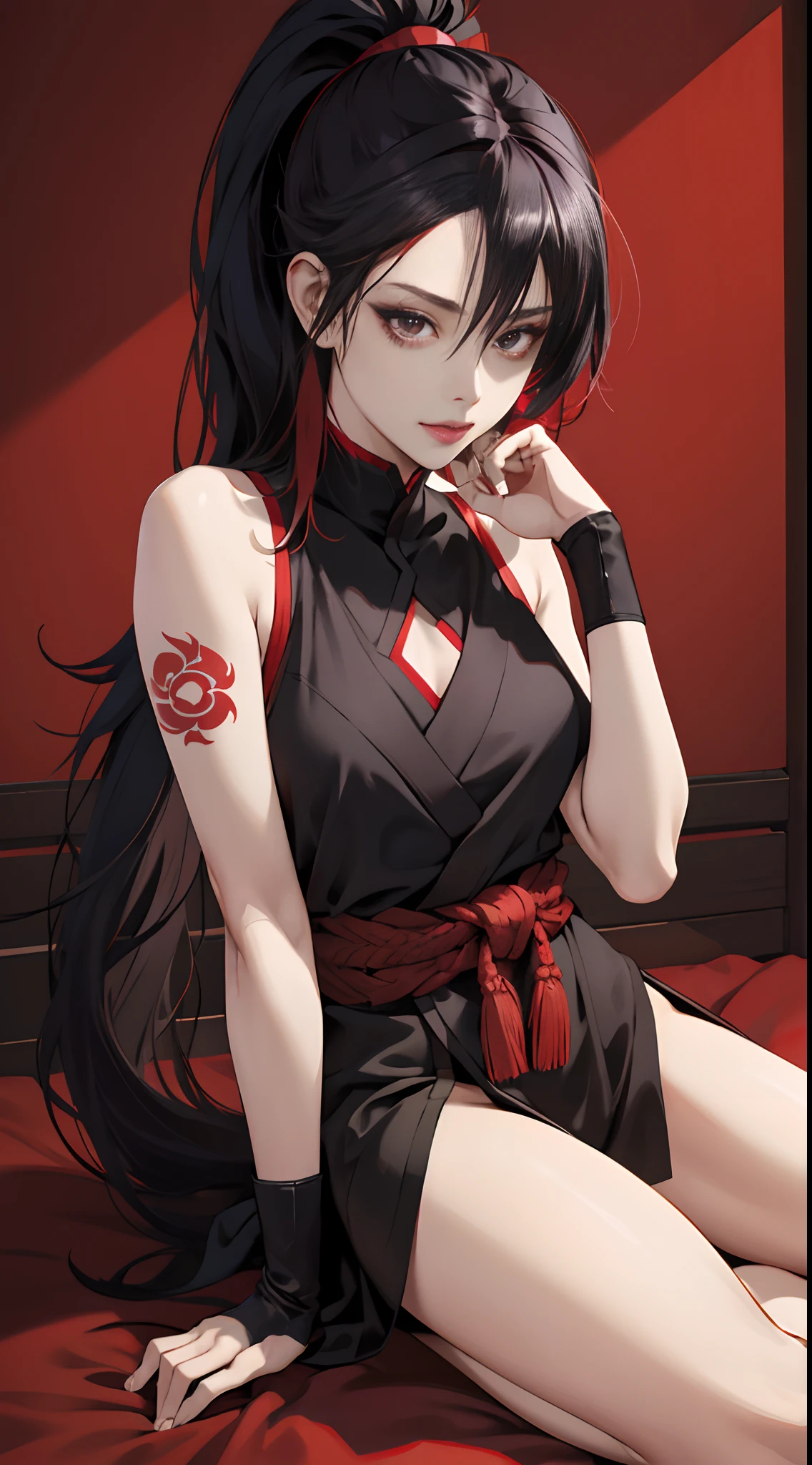 a 20 yo woman，Red-black mesh hair，long，poneyTail，sharp eye，Beautie，ssmile，Vanity fair，Kunoichi，Black attire，Cherry decoration，Komono，Komono，Sleeveless，Exposed skin a lot，up chest，Red lotus tattoo，head band（reddish），head band，Forehead Rest，Tempered body，Delicately drawn realistic illustrations，full body close-up，facing the front there，fight，arma:Kodachi，