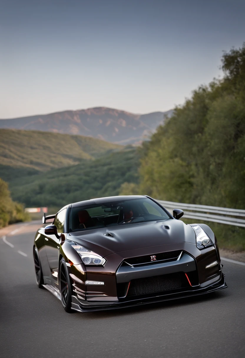 nissan gtr r-35 with liberty walk bodykit, walk in motion on a scenic road, Masterpiece, realistic, hd, modified, nismo, hi performance, high speed, Don’t make photos too cartoony. Showing the integration between the car and the environment.