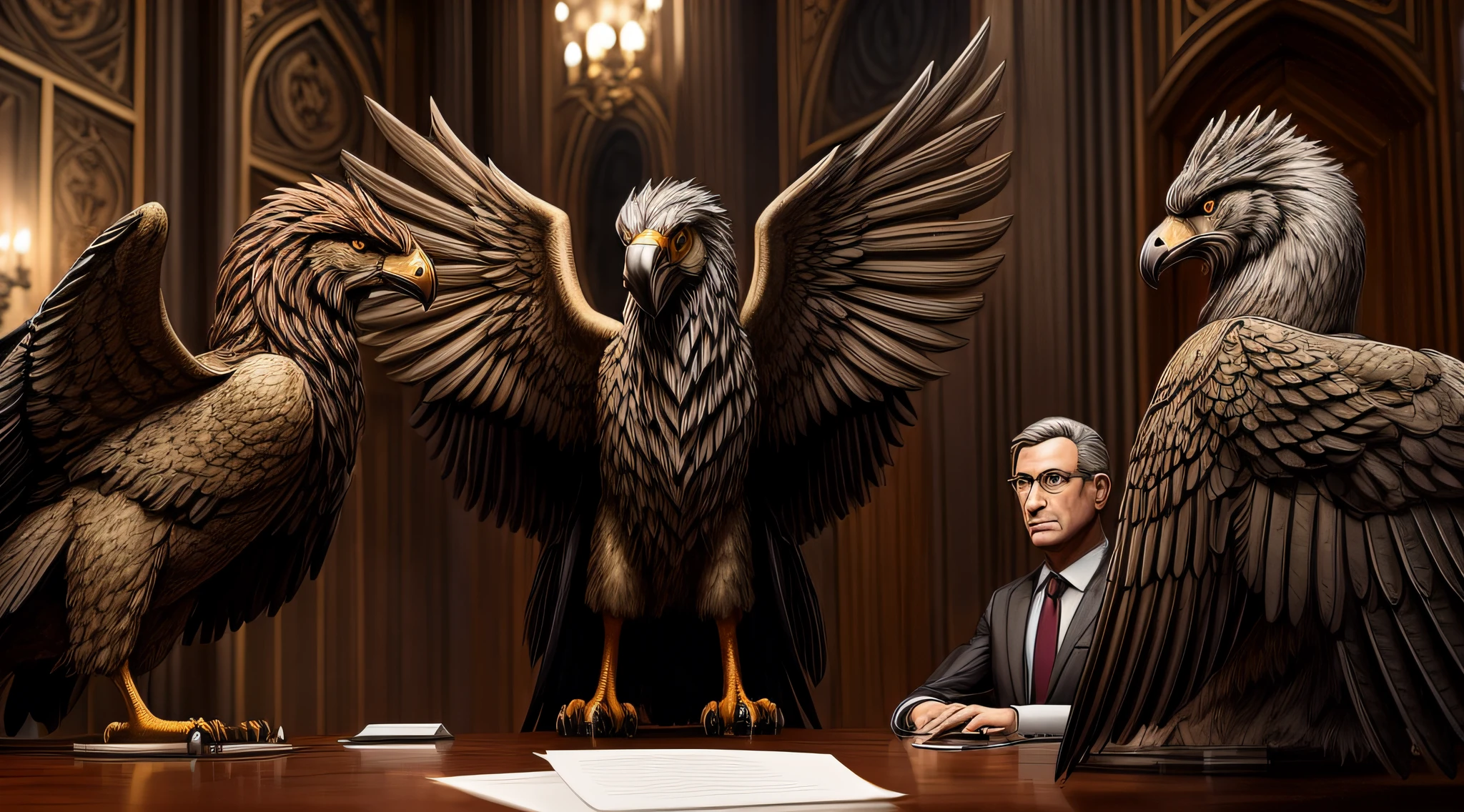 Create an image of a clandestine meeting between government officials and the secret organization discussing the use of griffins.