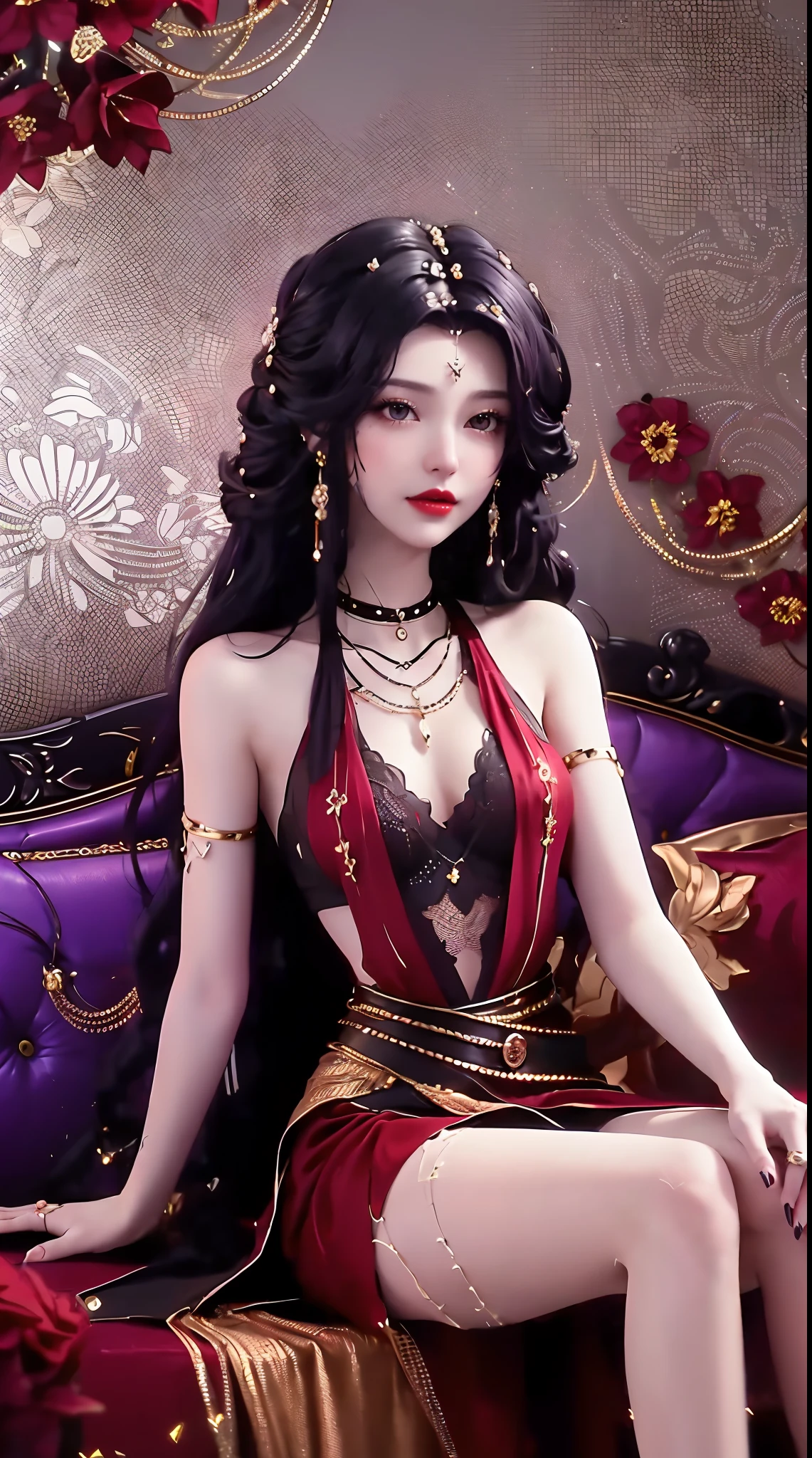 1 beautiful and sexy 20 year old girl, ((wearing a super thin red dress:1.6)), dress with diamonds, ((long purple-black hair:1.6)), bangs, elaborate jewelry made from stones noble and beautiful hair, ((wearing a black lace necklace:1.4))), noble, noble style of an extremely beautiful girl, super cute little face, very pretty face, fur thin eyebrows, flawless beautiful face, ((black eye pupils: 0.8)), very beautiful eyes, ((black eyes: 1.6)), beautiful makeup and detailed hairdo, eyelashes, eye makeup wet, high nose, earrings, red lips, ((closed mouth: 1;5 )) beautiful lips, slim arms, most beautiful thighs, ((arms spread to the sides: 1.5) ), rosy face, clean face, beautiful flawless face, smooth white skin, (big breasts: 1.5)), ((high breasts: 1.6) ), firm breasts, nice cleavage, (((big and super round breasts: 1.8))), ((super firm breasts: 1.7)) , beautiful breasts, perfect body, (((sitting position, leaning back and leaning back with hands :1.5))), ((chest puffed out : 1.5)), don't be shy, 8k photos, super high quality, super realistic, super 10x pixels, optical, bright studio, bright edges, two-tone lighting, (high detail skin:1.2), super 8k , soft light, high quality, volumetric light, optical, optical high resolution, light, best photo, 4k, 8k quality, blur effect, smooth sharpness, 10 x pixel , ((red flowers background:1.5)), aurora, lightning, super realistic graphics, most realistic graphics, alone, solo, Extremely sharp, surreal images, (((frontal portrait : 1.6)))."