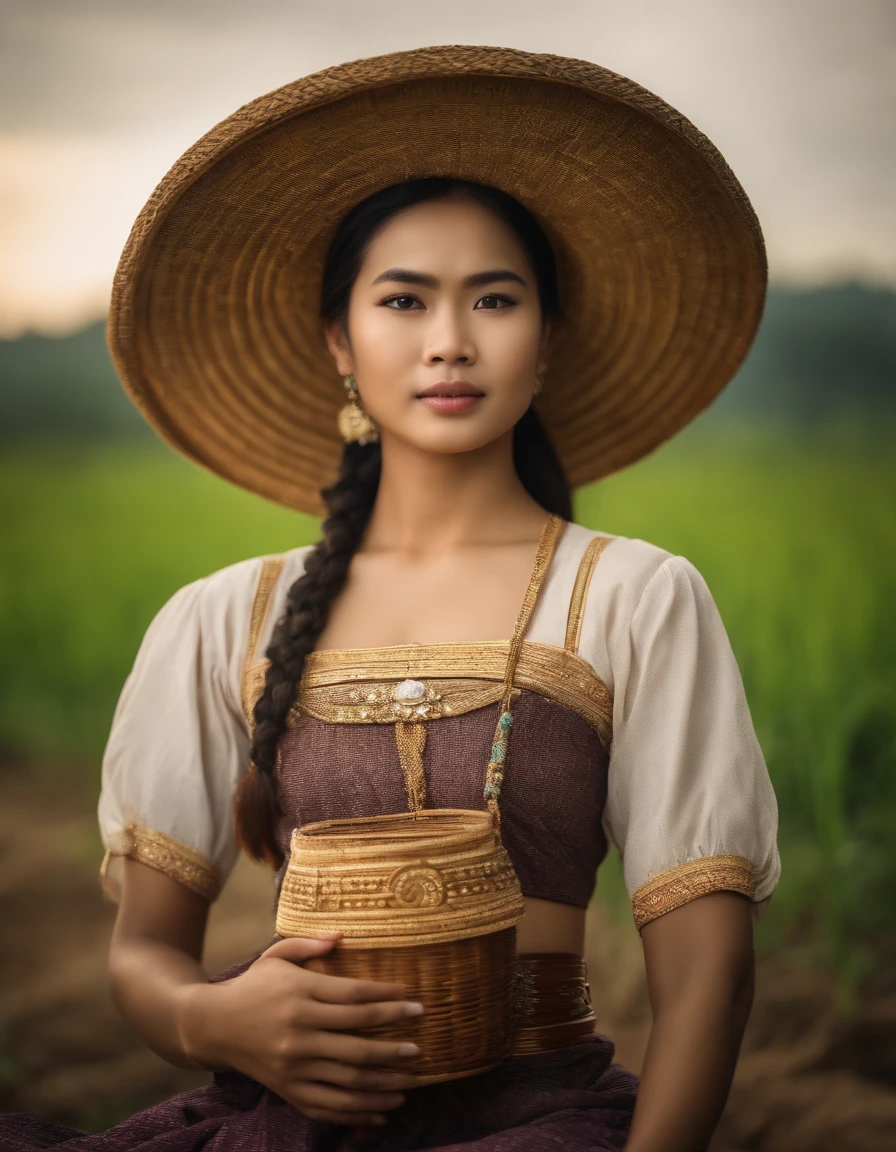 20-year-old woman, farmer, The face is as beautiful as a goddess., thailand, Traditional Thai folk costumes, Smooth white skin