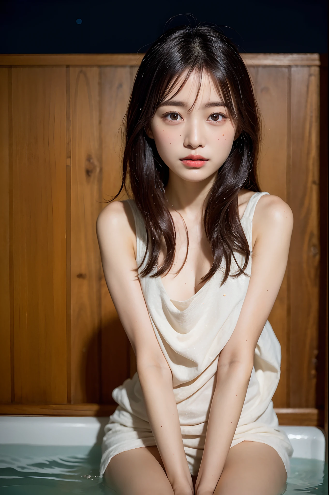 (natta:1.7), East Asian Architecture, 1womanl,Sitting on tatami mats, brunette color hair,(hair between eye), Lip flap, (:1.3),(Beautiful shiny straight short long:1.3),Beautiful fingers,Beautiful long legs,Beauty Body,Cute nose,Beautiful character design,perfect eyes,face perfect,looking at viewert,(Innocent_Big_Eyes:1.0),(light_Smile:0.3),offcial art,Very detailed CG Unity 8K wallpaper、Bright_front_Face_Lighting,(tmasterpiece:1.0),(best_quality:1.0), 超A high resolution,4K,ultra - detailed, photography of, 8K, nffsw, hight resolution, absurderes:1.2, Kodak Portra 400, film grains, Lens Flare Glow, (Beautiful_Face:1.5),8K,Raw photo, 、Relax at a hot spring ryokan in Japan、(The subject is my first hot spring trip with a girl:1.3) (Draw an open-air bath more widely:1.2) (Girls are not subjects:1.3) The rooms in the inn are cluttered (Girl Standing On Balcony:1.3) (Hair after a bath:1.3),((Naked with a small gauze handkerchief beside him:1.3)) ,(Hair is wet:1.3),((Beautifully depicts depth and width:1.3)),((The open-air bath is surrounded by Japan garden and large rocks, With just two small lights.:1.3)),((You can see the beautiful starry sky:1.3))(Hide your erogenous zones with a small gauze handkerchief in the open-air bath:1.2)(Girls are not subjects:1.3),((white tender skin:1.3))Show thighs