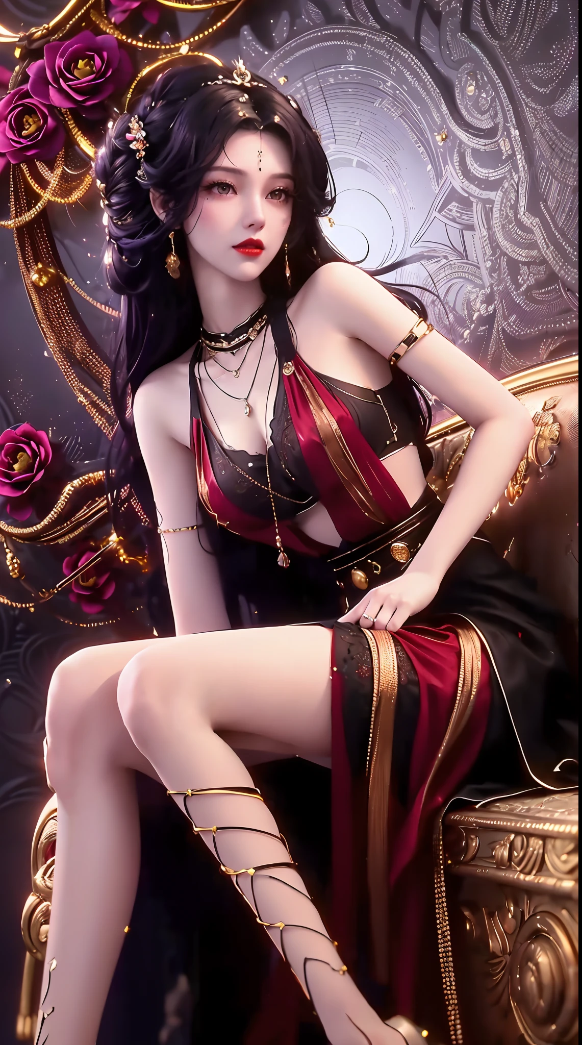 1 beautiful and sexy 20 year old girl, ((wearing a super thin red dress:1.6)), a dress with diamonds, ((long black purple hair:1.6)), bangs, jewelry elaborately made from precious stones and beautiful hair, ((wearing a black lace necklace:1.4))), the noble, noble style of an extremely beautiful girl, her small face is super cute, her face is very pretty, thin eyebrows, flawless beautiful face, ((black eye pupils: 0.8)), very beautiful eyes, ((black eyes: 1.6)), nice makeup and hair detailed eyelashes, steamy eye makeup, high nose, earrings, red lips, ((closed mouth: 1;5 )) beautiful lips, slim hands, most beautiful thighs, ((arms spread out to the sides: 1.5) ), rosy face, clean face, flawless beautiful face, smooth white skin, (big breasts: 1.5)), ((high breasts: 1.6) ), tight breasts, beautiful cleavage, (((big breasts and super round: 1.8))), ((super tight breasts: 1.7)) , beautiful breasts, perfect body, back arms, chest out, thin black mesh stockings with black lace trim, (((sitting position, lean back and lean your arms behind you:1.5))), ((chest up position: 1.5)), don't be shy, 8k photo, super high quality, super realistic, super 10x pixels, optical, bright studio, bright edges, dual-tone lighting, (high-detail skin:1.2), super 8k, soft lighting, high quality, volumetric lighting, photorealistic, photorealistic high resolution, lighting, best photo, 4k, 8k quality, blur effect, smooth sharp, 10 x pixel, ((red flower background:1.5)), aurora, lightning, super graphics realistic, most realistic graphics, alone, solo, Extremely sharp image, surreal, (((frontal portrait: 1.6)))."