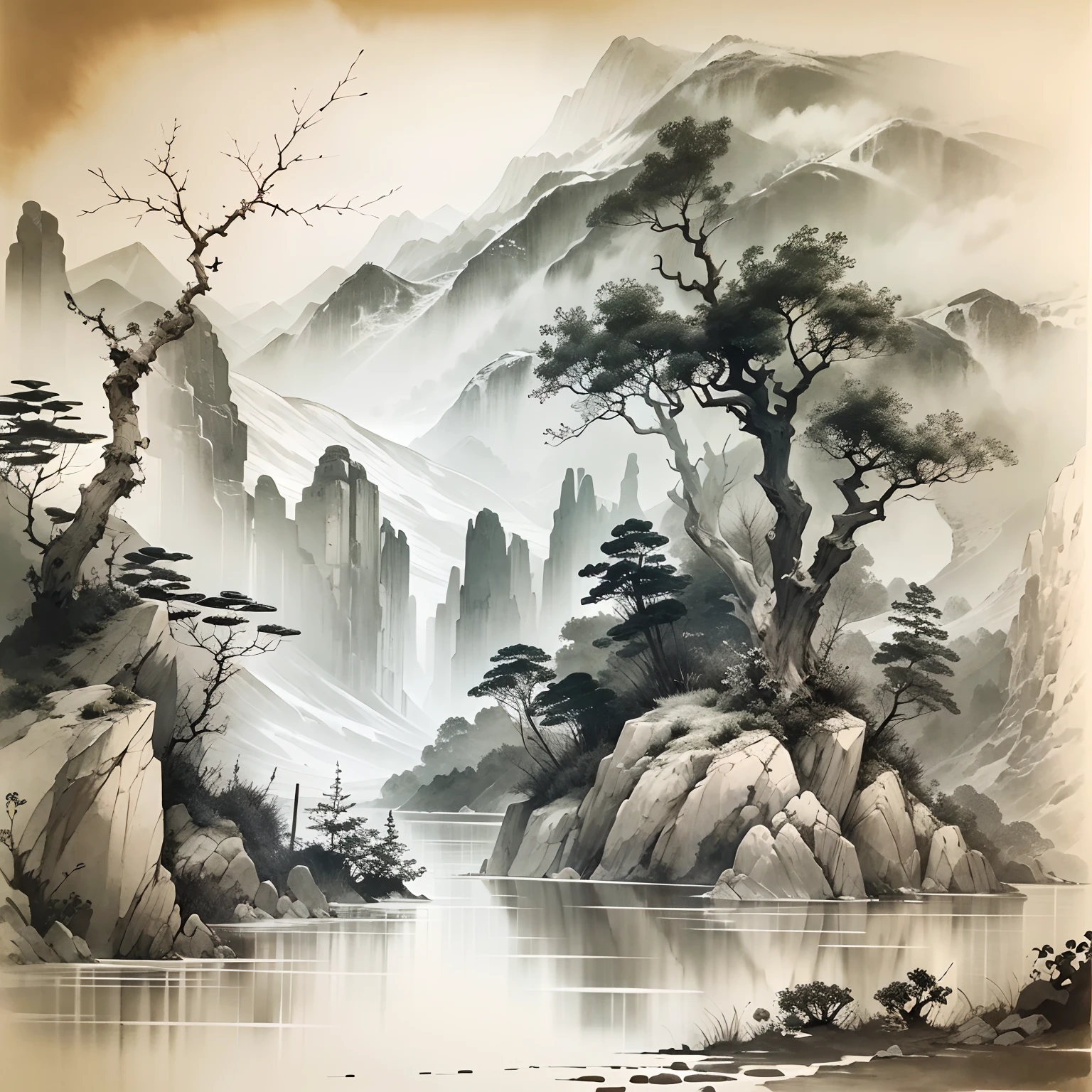 ink and watercolor painting,Draw on rice paper,Use thick, light inks to create shading variations and layers,Choose the right ink color,Such as deep black、Thick gray、Light coffee, etc,Express different situations and atmospheres,Control the gradient and transition of ink color by the humidity and consistency of the ink,mont,Eau,the trees,Lake surface,Small broken boat,Bleak, Desolate, Solitude,Black and white tones,dead tree, Traditional Chinese Ink Painting, Traditional Chinese art, author:Guo Xi, author:Ma Yuanyu, Traditional Chinese painting, author:Xu Xi, author:Luo Mu, author:Yang Buzhi, author:Li Kelan, author:Gu An, Ink painting ) ) ) ), Chinese ink painting, Chinese painting style