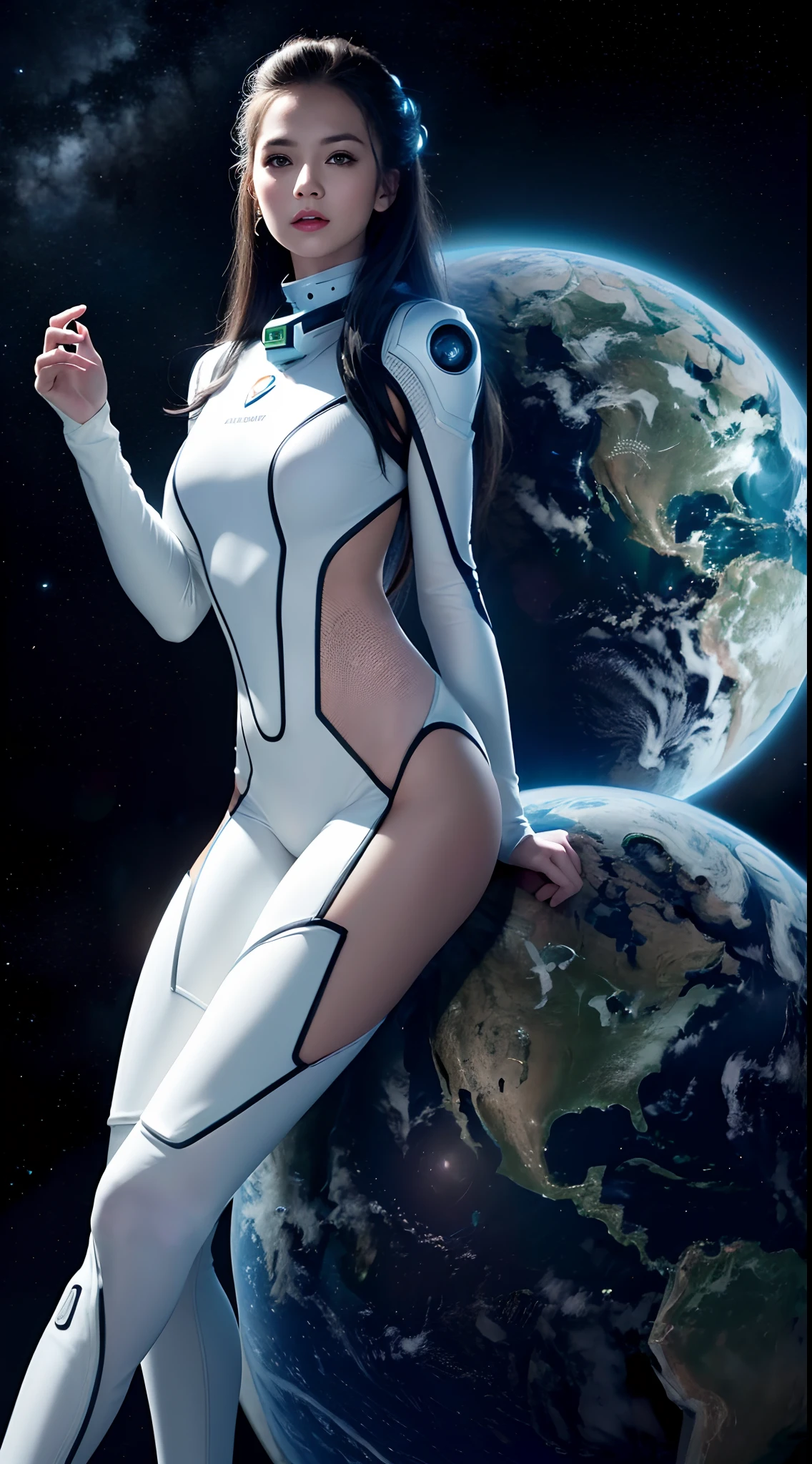 (tmasterpiece:1.2),best qualtiy,In space,(nigh sky,medium lenght hair:1.2),(illustratio:1.2),lindo cenario,dreads,(Elaborate luminescence,lens flare glow),(Hyper-detailing),Hyper-detailing,(exquisitedetails),(complexdetails),(Movie light,Best quality backlight),清晰的线条,New world,peeping at the viewer,Solo Woman,(Space Girl,the space),Oriental women,Girls are modeling figures,Solo Woman,Perfect body,Beautiful girl,(1girll),(Bright bioluminescent hair,bright glowing eyes),(galaxias,Alien planet),(Astronaut wearing sexy futuristic style white tight spacesuit:1.1),(The material of the spacesuit is extremely light),The girl has a slender waist,smallunderboob, Big breasts Thin waist,bare shoulders,Bare legs,exposed waist,Latex tight spacesuit,The chest of the spacesuit shows the starry sky,Slightly closed eyes,(cyber punk perssonage),(dyna:1.3),(putting makeup on)),hight contrast,(The best lighting,Extremely refined and beautiful),((Movie Moonlight)),Extremely colorful,((Photoshop Pastel Painting:1.1)),aethereal,(Movie Masterpiece),suspense,Funk,(Starskrim),splash of color,absolutly eye-catching,((Caustics)),dynamic angle,big breasts beautiful(detailed glow),(spine-chilling),(Intricate movie scenes behind it:1.2),Environmental occlusion, (Ambient moonshine), ray-traced reflection, intricately detailed visible background , (Glowing spacesuit), terroral, (Bioluminescent vegetation:1.2), terroral, uneasy, A futuristic, terroral, (Hologram head-up display), (Delicate Great Comet)