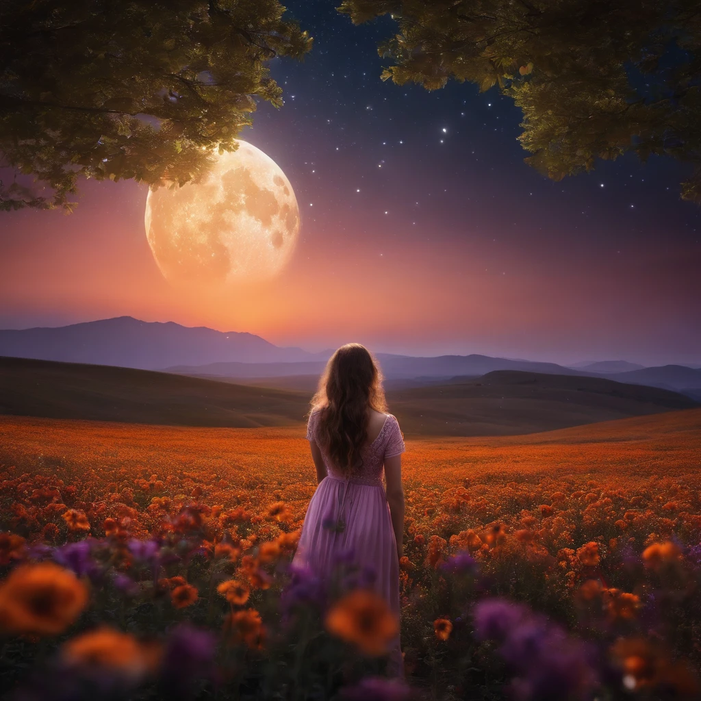 ((1girl in)), Vast landscape photos, (From below, Upper air, open fields below), Boy standing in a flower field and looking up, (fullmoon: 1.2), (Meteor: 0.9), (nebulas: 1.3), mountain in the distance, Tree BREAK making art, (Warm light source: 1.2), (firefly: 1.2), abajour, lot of purple and orange, Intricate details, Volumetric Lighting BREAK (masutepiece: 1.2), (Best Quality), 4K, ultra-detailliert, (dynamic compositions: 1.4), Detailed, Colorful, (iridescent: 1.2), (Glow, Atmospheric lighting), Dreamy, Fantastic, (Solo: 1.2)