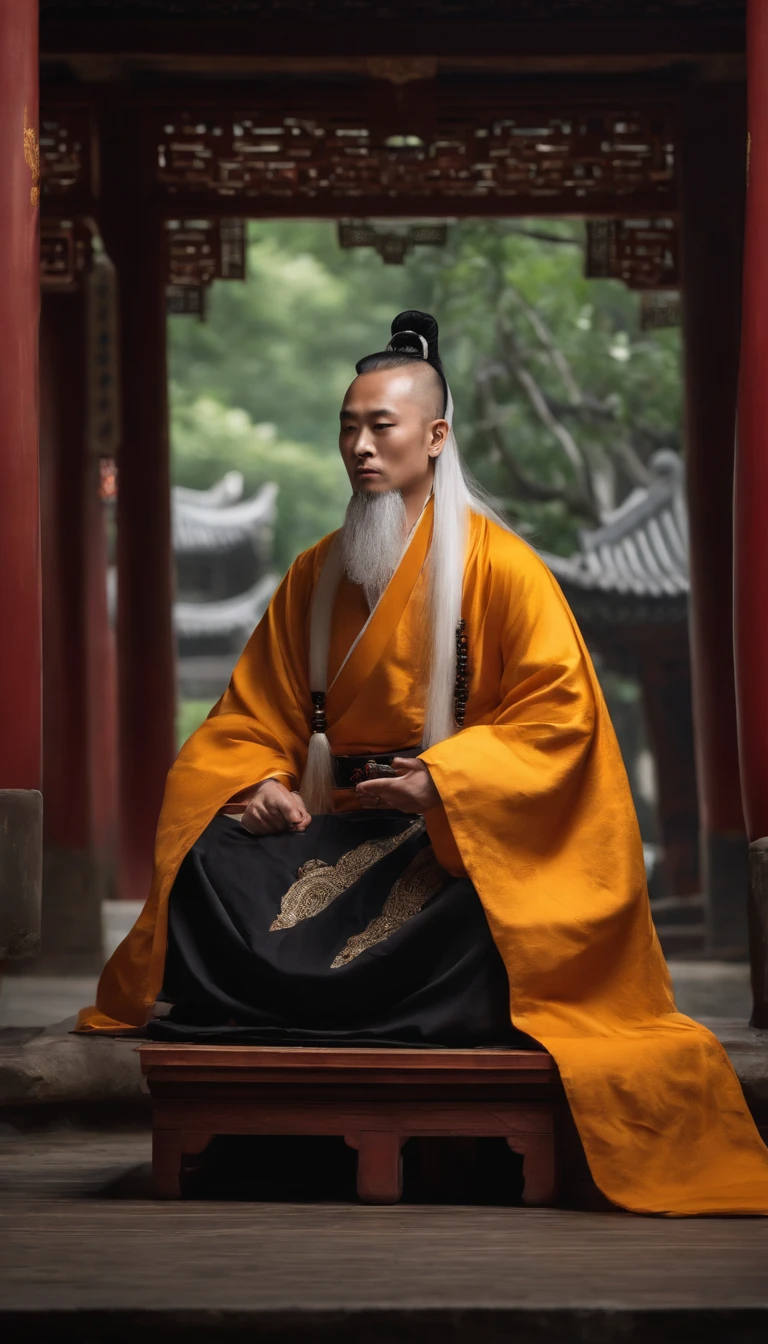 Close-up of a young Chinese Taoist leader sitting on a stone,long whitr hair,lbeard,Meditation cross-legged,Daoism, wearing gorgeous robes,magic aura,Taoist master,Taoist,at centre,staring right into camera,Very bright colors, Light particles, with light glowing, Mshiv, wallpaper art, UHD wallpaper