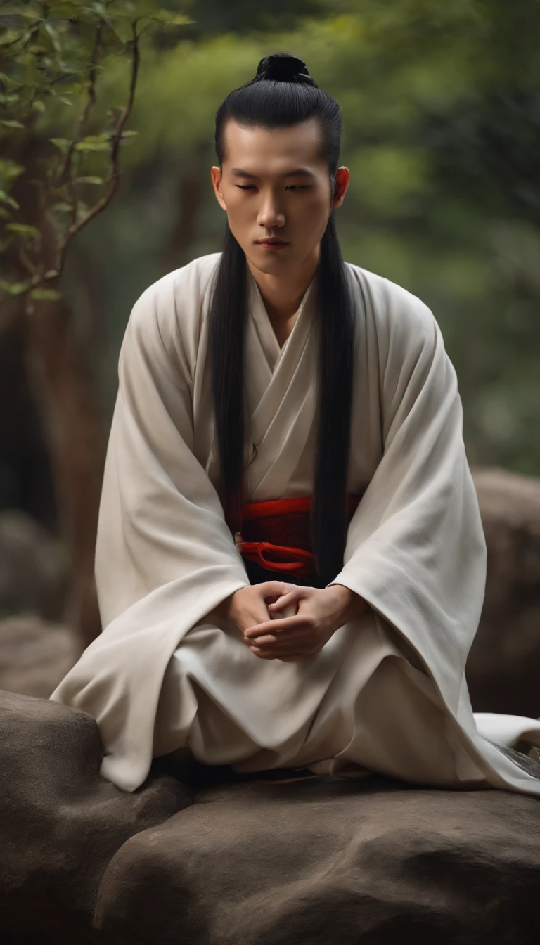 Close-up of a young Chinese Taoist leader sitting on a stone,long whitr hair，lbeard，Meditation cross-legged，Daoism, wearing gorgeous robes，magic aura，Taoist master,Taoist，at centre，staring right into camera，Very bright colors, Light particles, with light glowing, Mshiv, wallpaper art, UHD wallpaper