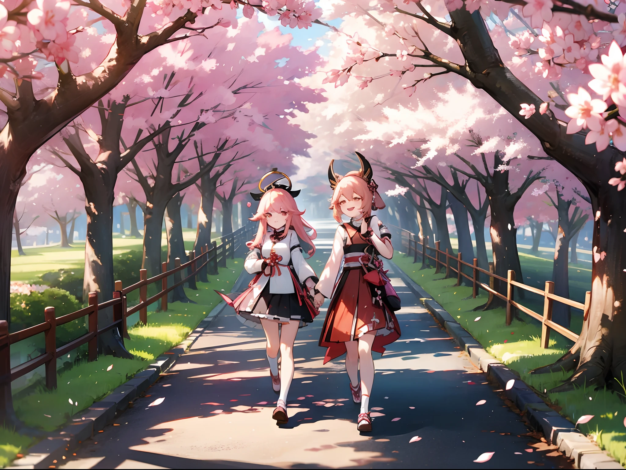 Genshin Impact, Kamisato Ayaka Walking with yae miko, laughing together, cute, Sakura trees, cherry blossom, beautiful scenery, perfect posture