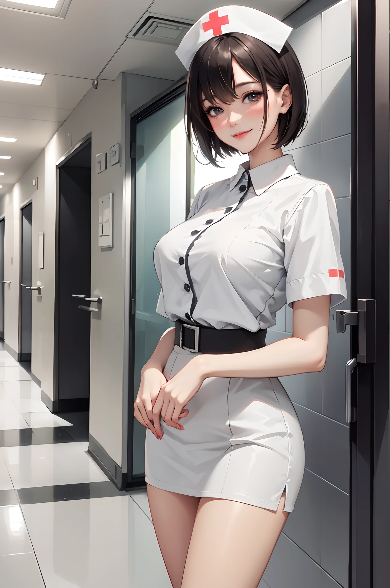 hospital hallway indoors, 1lady solo nurse, /(black short hair/), /(simple uniform/), blush kind smile, (masterpiece best quality:1.3) delicate illustration ultra-detailed high resolution, large breasts
