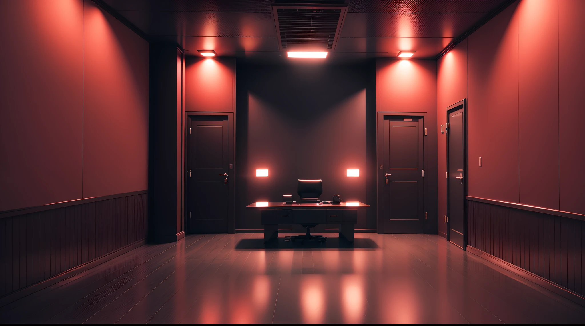 3D Research room, dark theme with some red light, 8k, ultra details, wide angle