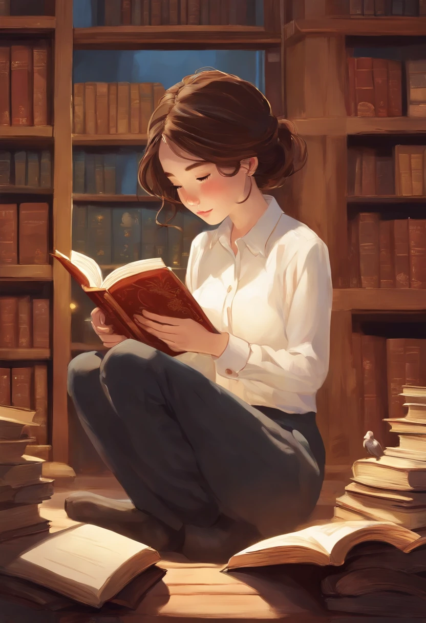 A girl with,close-up, clothed in white shirt, reading a book, (Best Quality:1.3), (high resolucion:1), (detailed:1.3), (astonishing:1.3), (perfect:1.3), (perfection:1.3), (Volume Cover Art:0), (Illustration:1.3), Works by Studio Ghibli