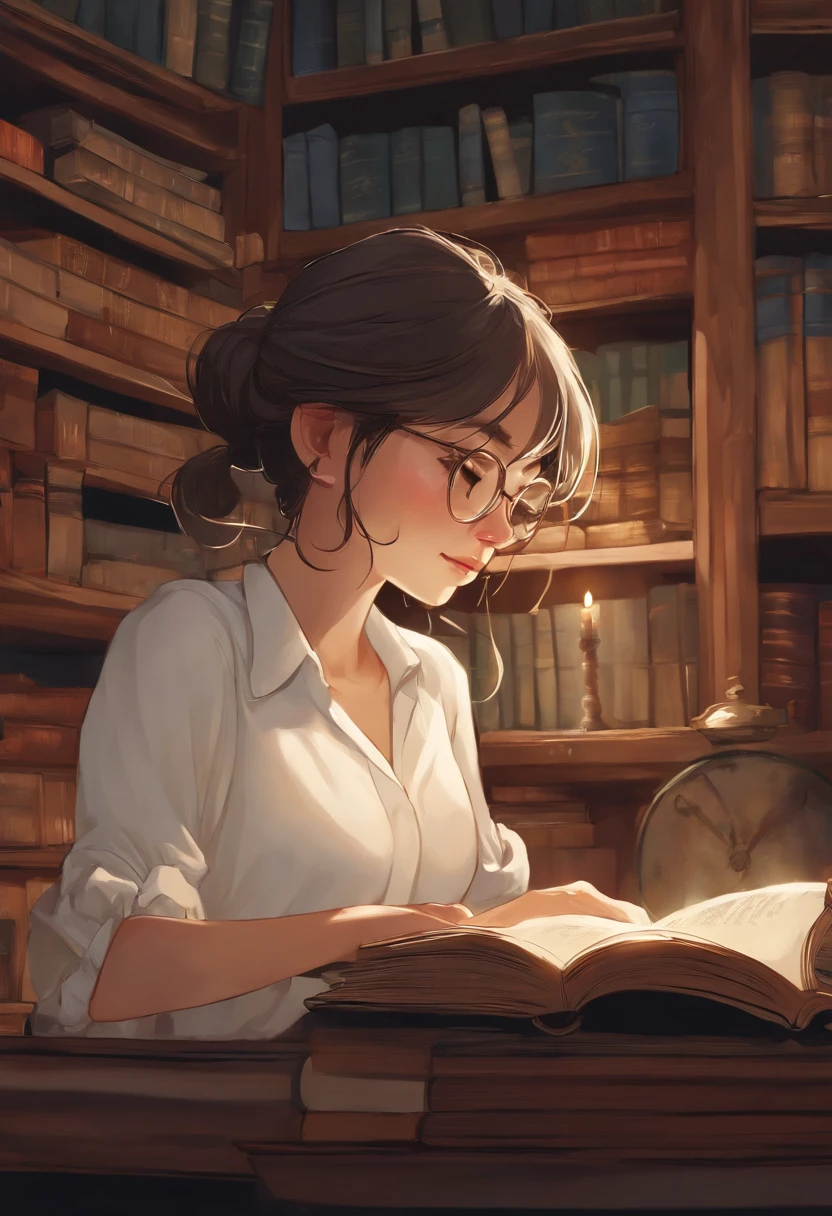 A girl with,close-up, clothed in white shirt, reading a book, (Best Quality:1.3), (high resolucion:1), (detailed:1.3), (astonishing:1.3), (perfect:1.3), (perfection:1.3), (Volume Cover Art:0), (Illustration:1.3), Works by Studio Ghibli