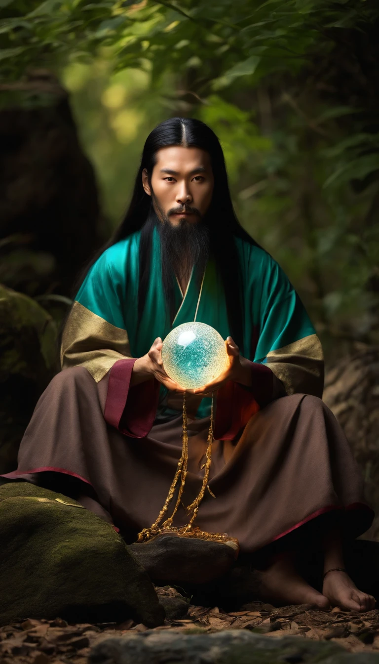 Close-up of a young Chinese Taoist leader sitting on a stone，Long hair，Long beard，Close-up of holding a crystal ball in his hand，staring right into camera，Meditate cross-legged, at centre，Clear facial features，Very bright colors, Light particles, with light glowing, Mshiv, wallpaper art, UHD wallpaper