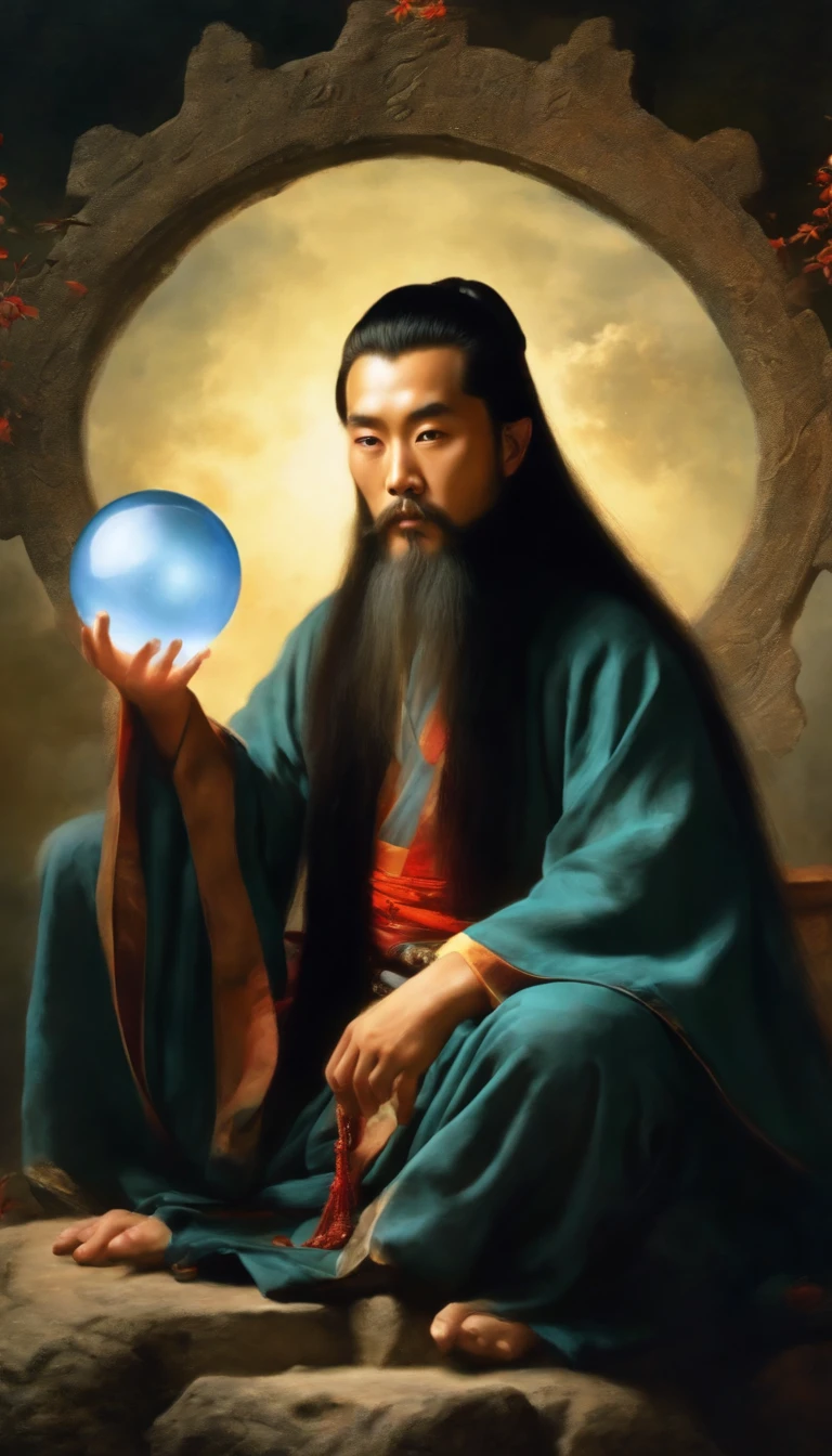 Close-up of a young Chinese Taoist leader sitting on a stone,Long hair,Long beard,Close-up of holding a crystal ball in his hand,staring right into camera,Meditate cross-legged, at centre,Clear facial features,Very bright colors, Light particles, with light glowing, Mshiv, wallpaper art, UHD wallpaper