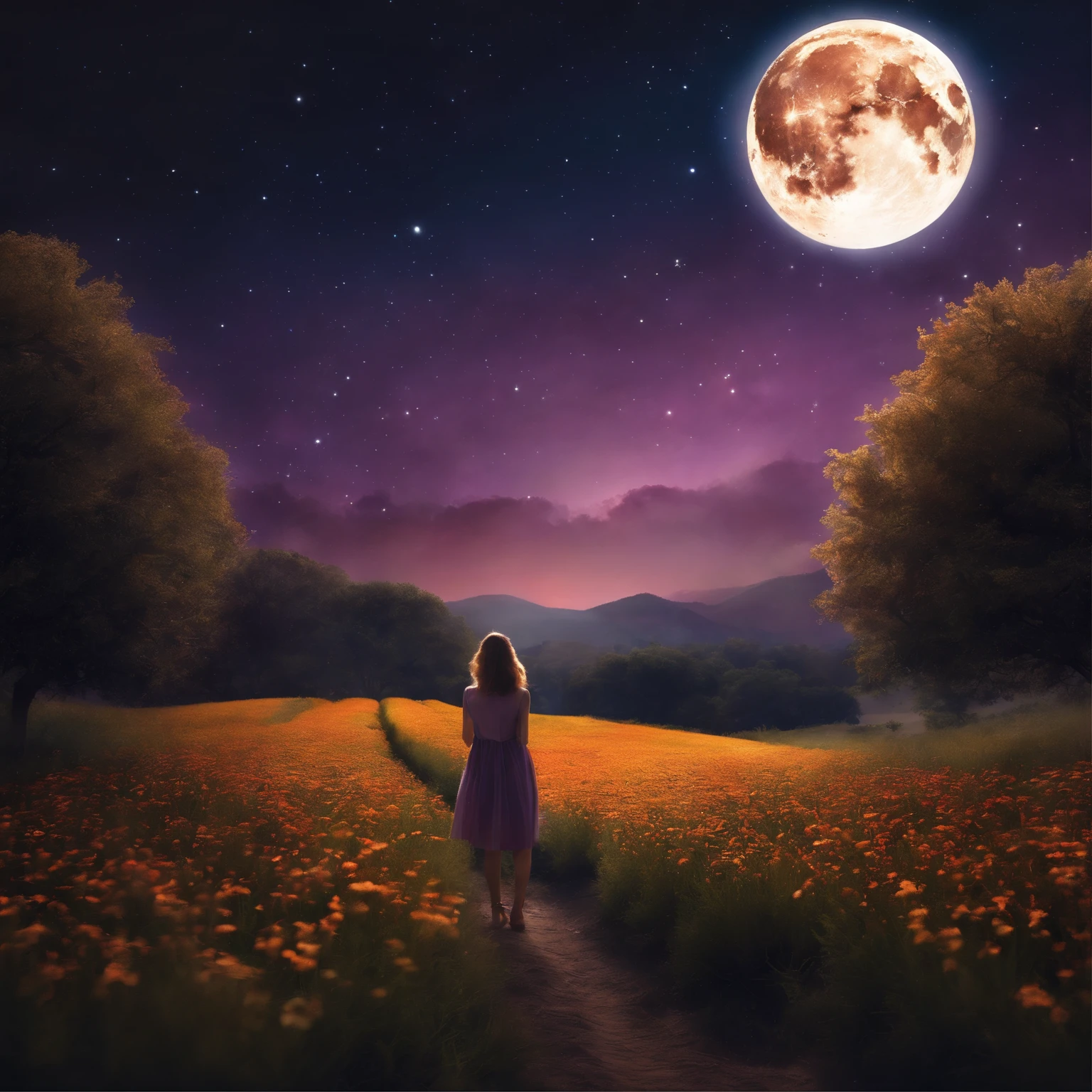 ((1girl in)), Vast landscape photos, (From below, Upper air, open fields below), Boy standing in a flower field and looking up, (fullmoon: 1.2), (Meteor: 0.9), (nebulas: 1.3), mountain in the distance, Tree BREAK making art, (Warm light source: 1.2), (firefly: 1.2), abajour, lot of purple and orange, Intricate details, Volumetric Lighting BREAK (masutepiece: 1.2), (Best Quality), 4K, ultra-detailliert, (dynamic compositions: 1.4), Detailed, Colorful, (iridescent: 1.2), (Glow, Atmospheric lighting), Dreamy, Fantastic, (Solo: 1.2)